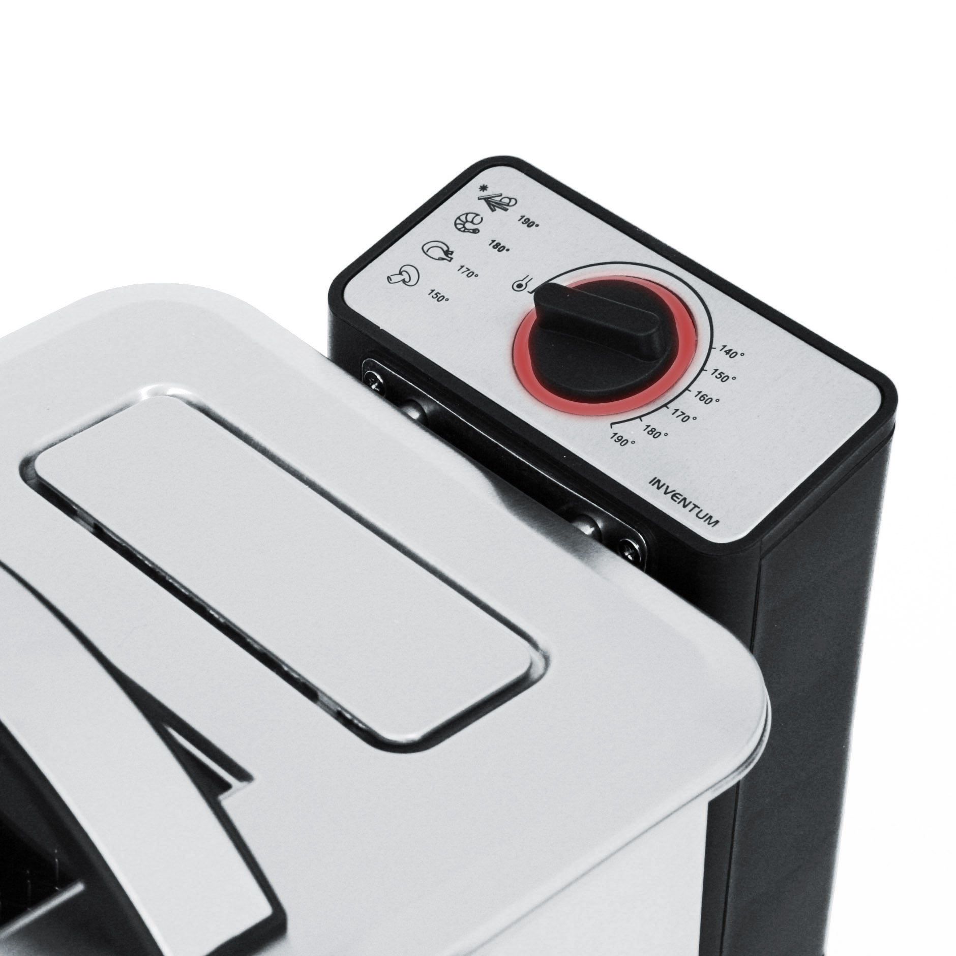 Close-up of a deep fryer control panel with temperature dial and icons.