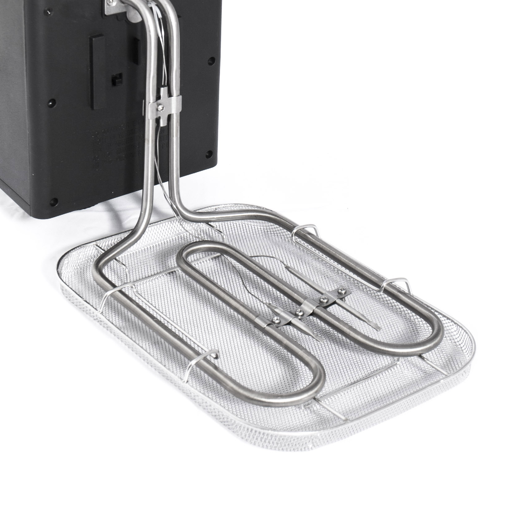 A metal basket with heating coils, connected to a black housing.