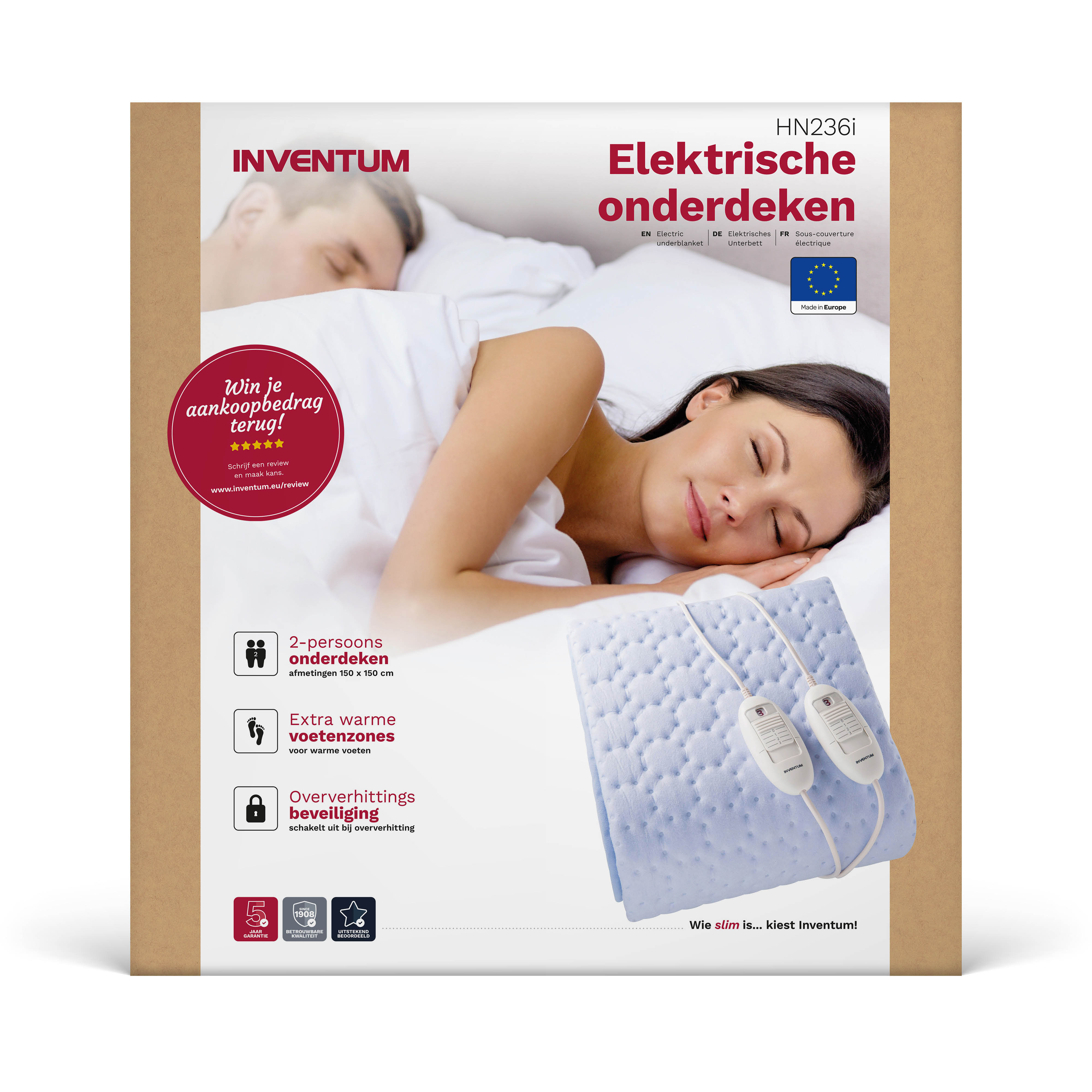 A couple sleeps under a blue electric blanket with controllers. Product information is visible.