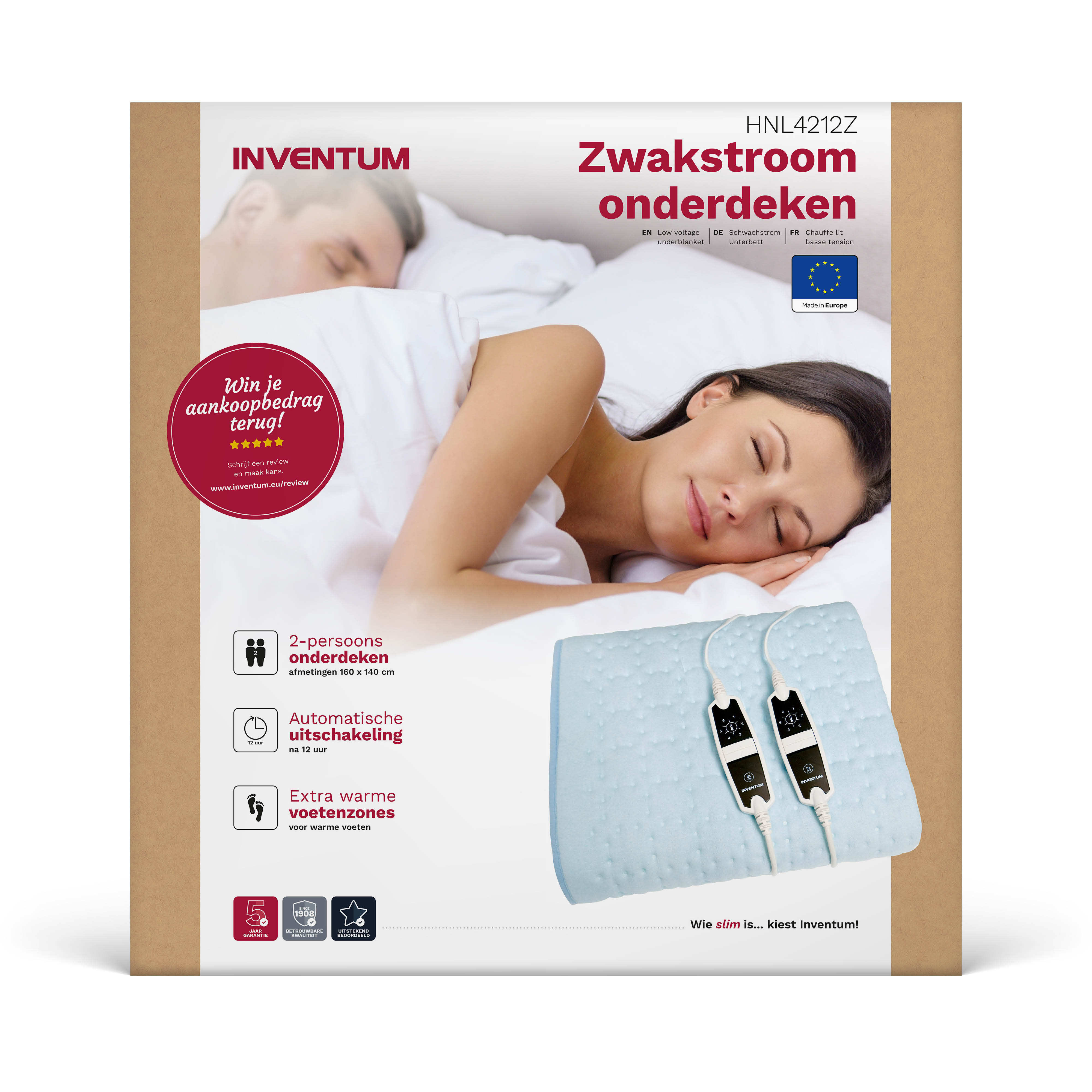 A couple sleeps under a blue heated blanket with two controllers. The packaging is displayed.