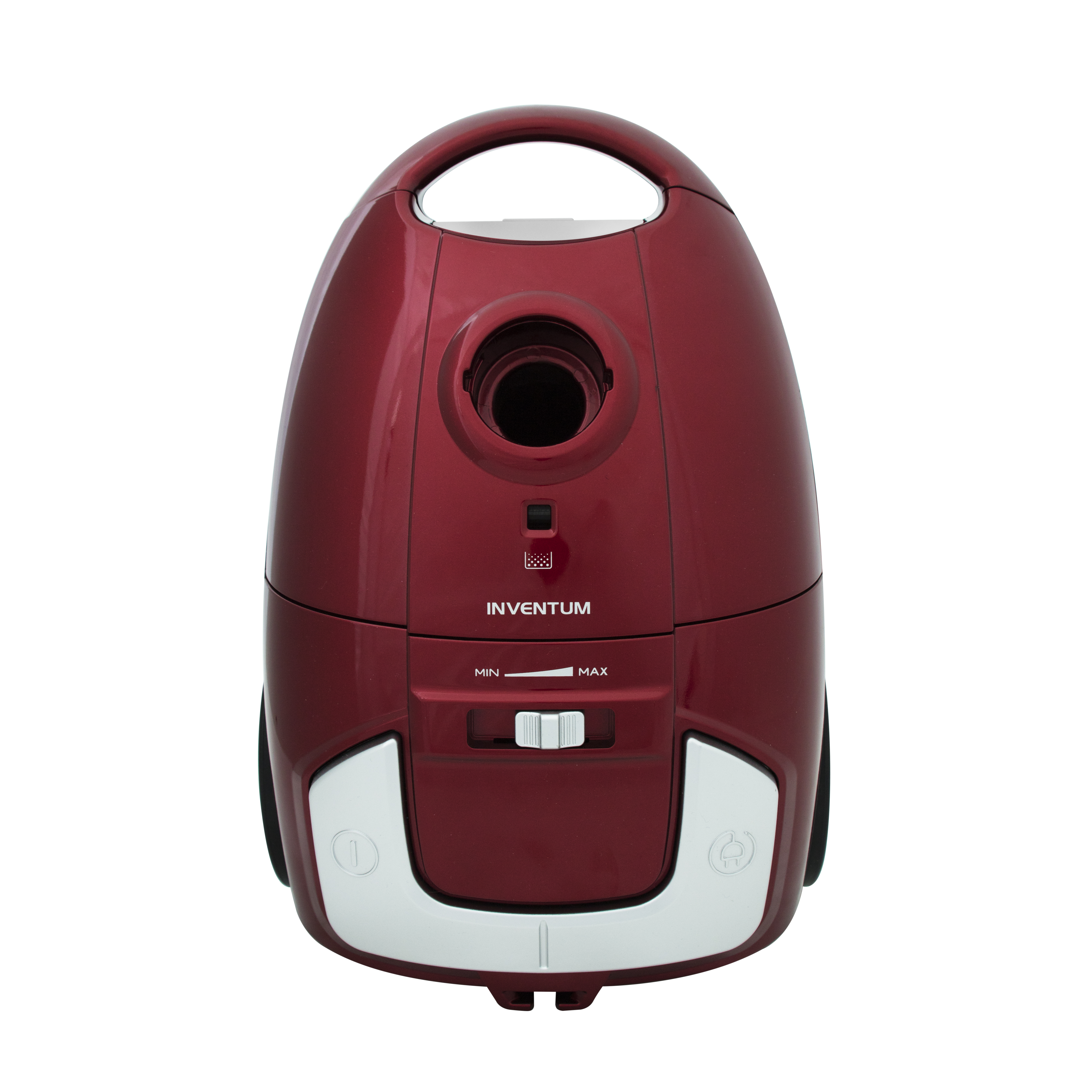 A red Inventum vacuum cleaner with silver accents and controls.
