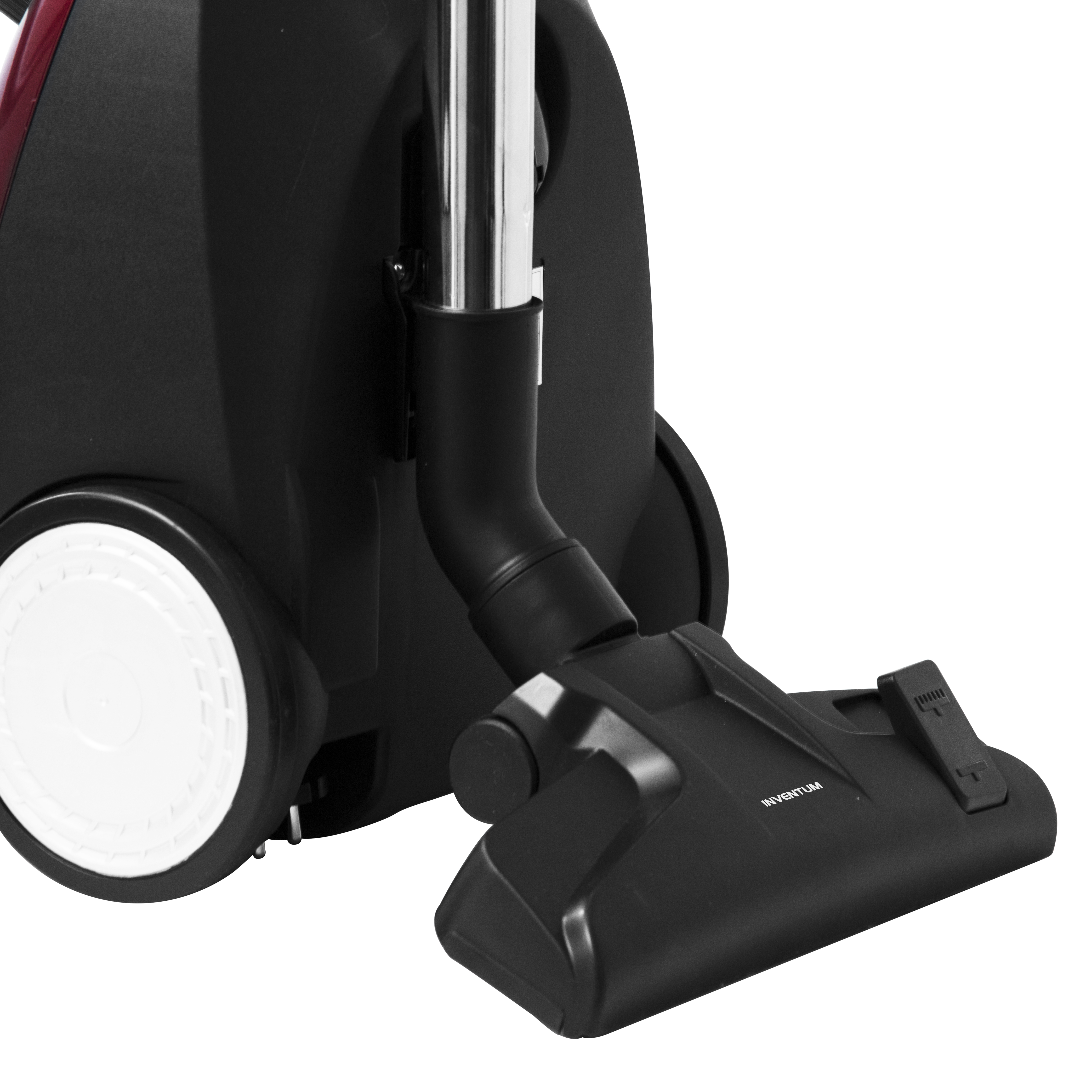 A black vacuum cleaner nozzle with a telescopic tube and a wheel.