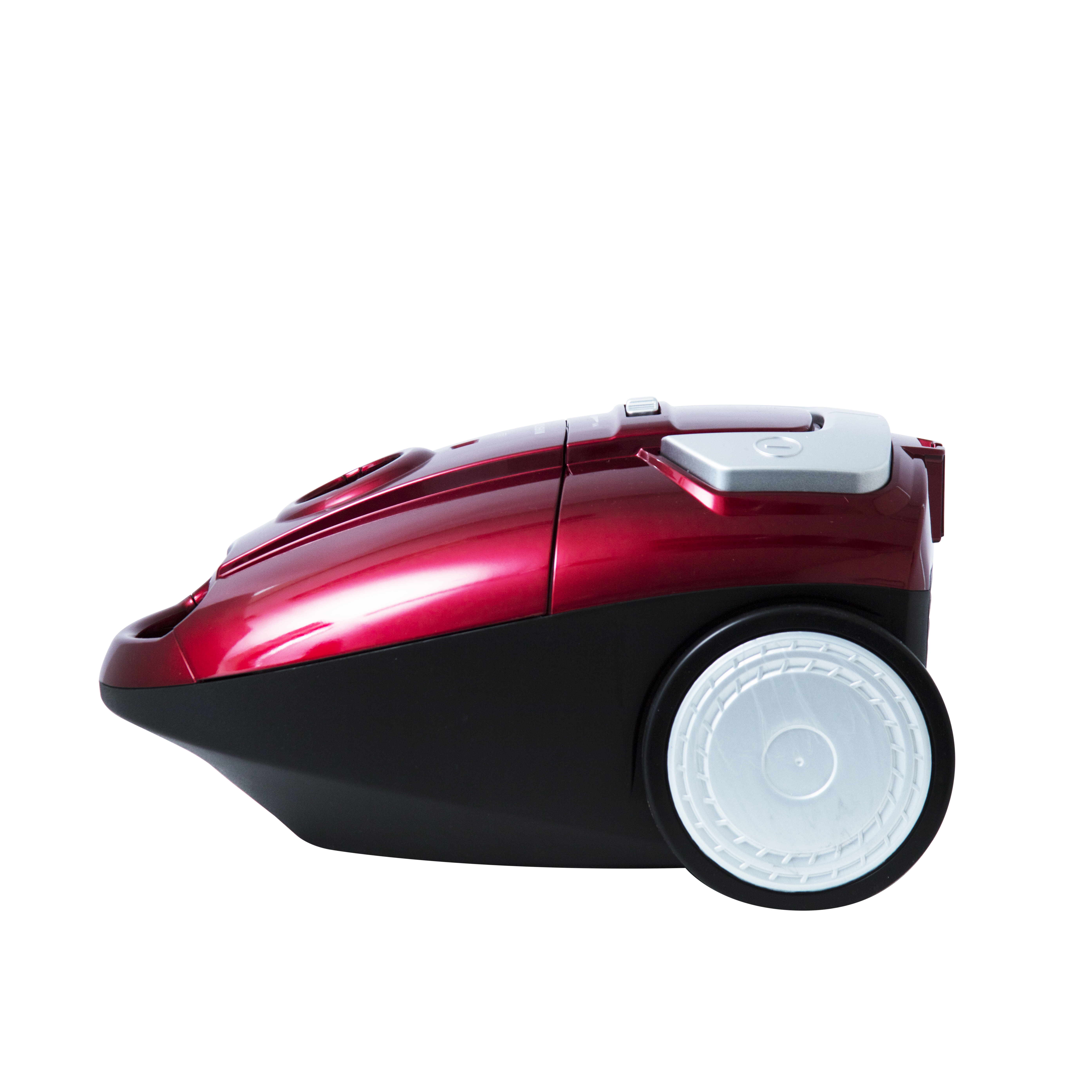 A shiny red vacuum cleaner with a black base and one wheel.