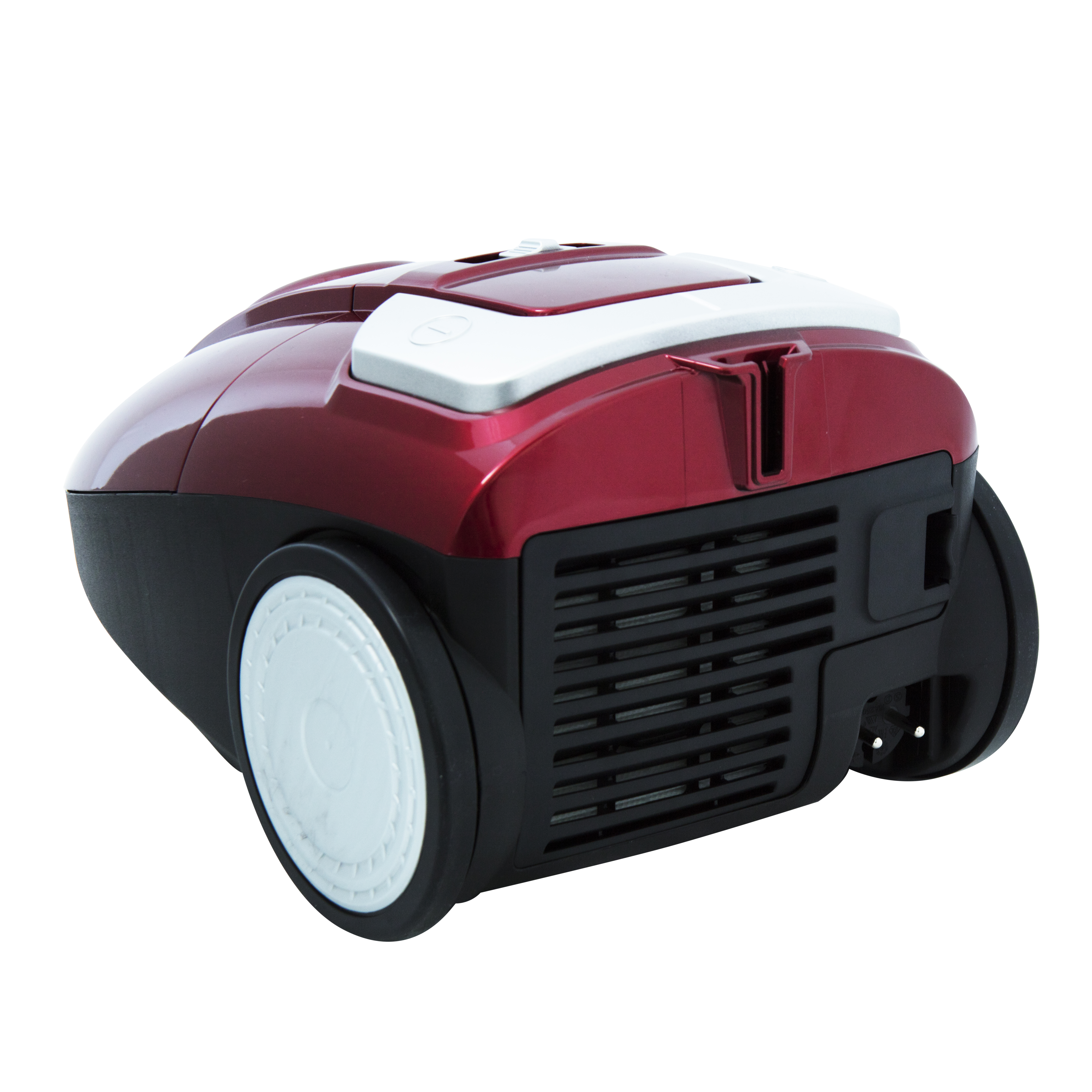 A red and black vacuum cleaner with white wheels, isolated.