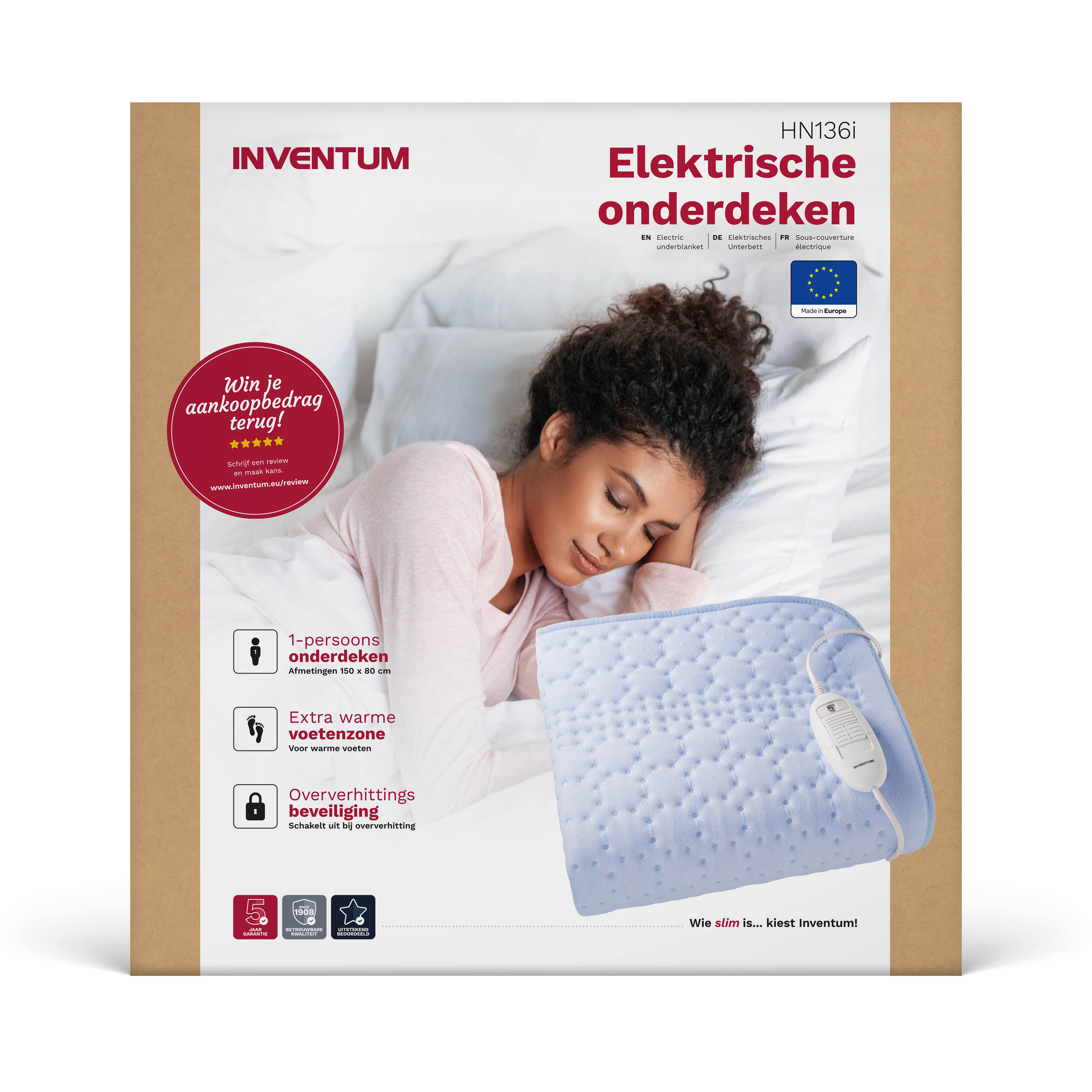 A woman sleeps under a blue Inventum electric blanket with a controller.
