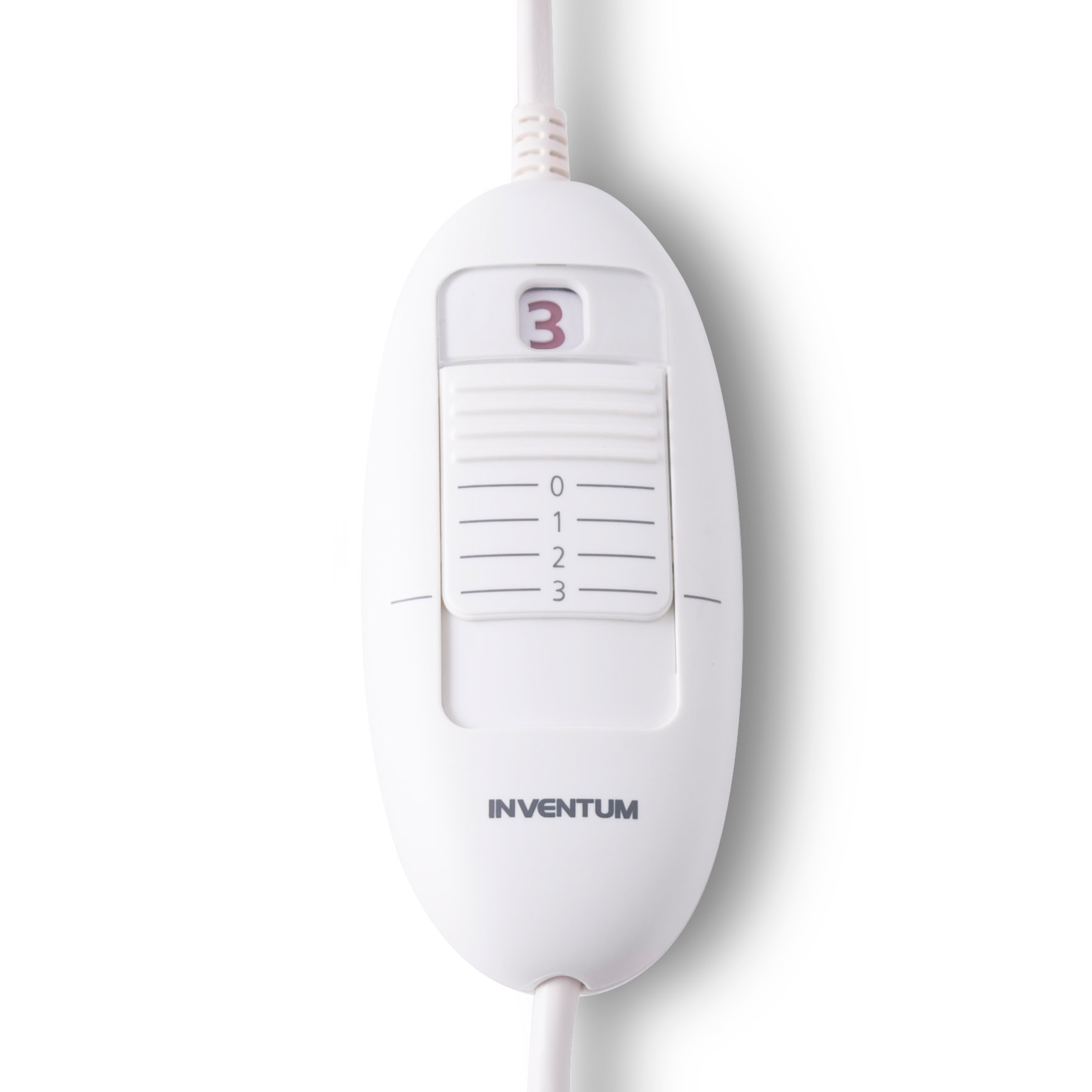 Witte Inventum controller met standen 0-3 en een schuifregelaar. Stroomkabel bevestigd.