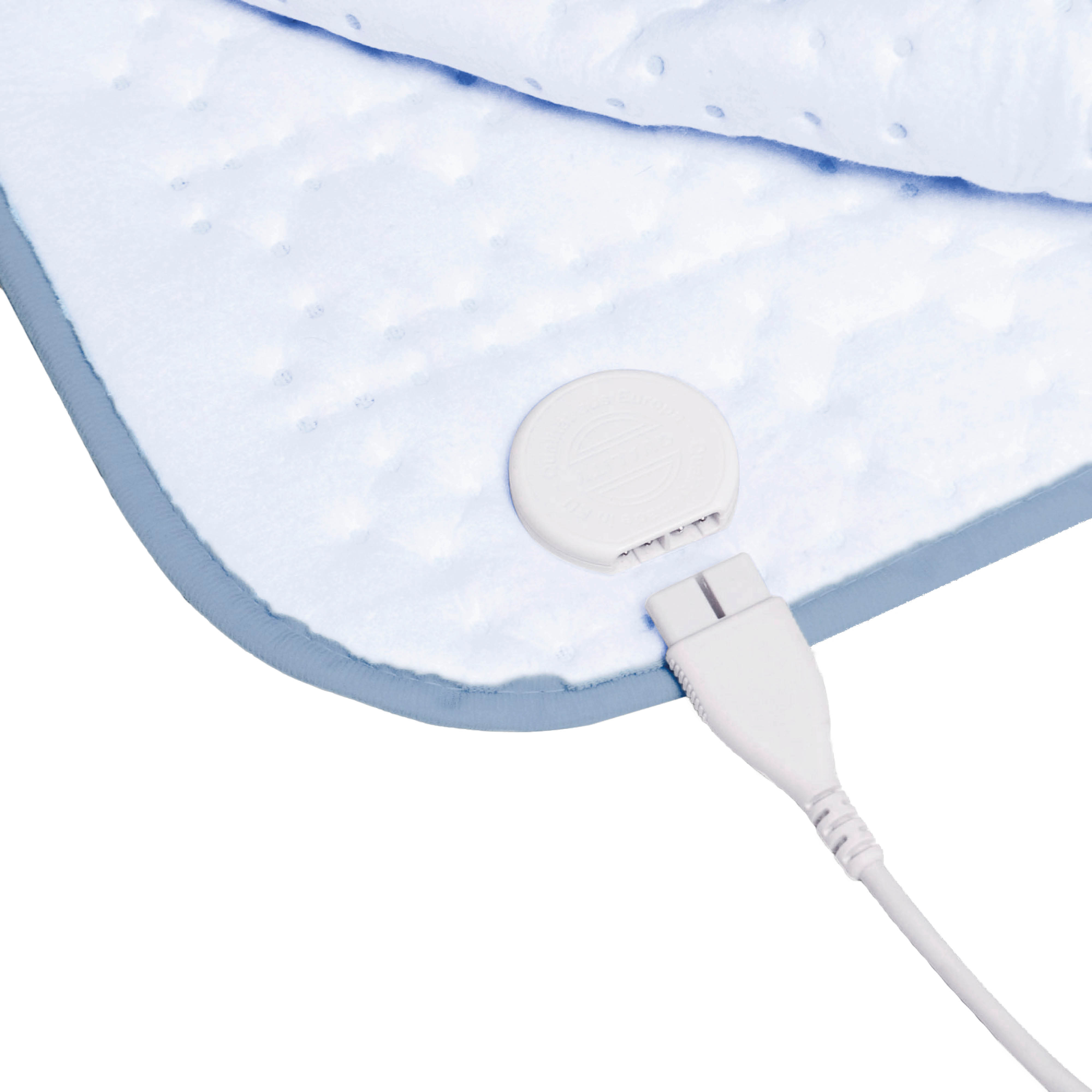 A blue electric blanket with a white cord and controller.