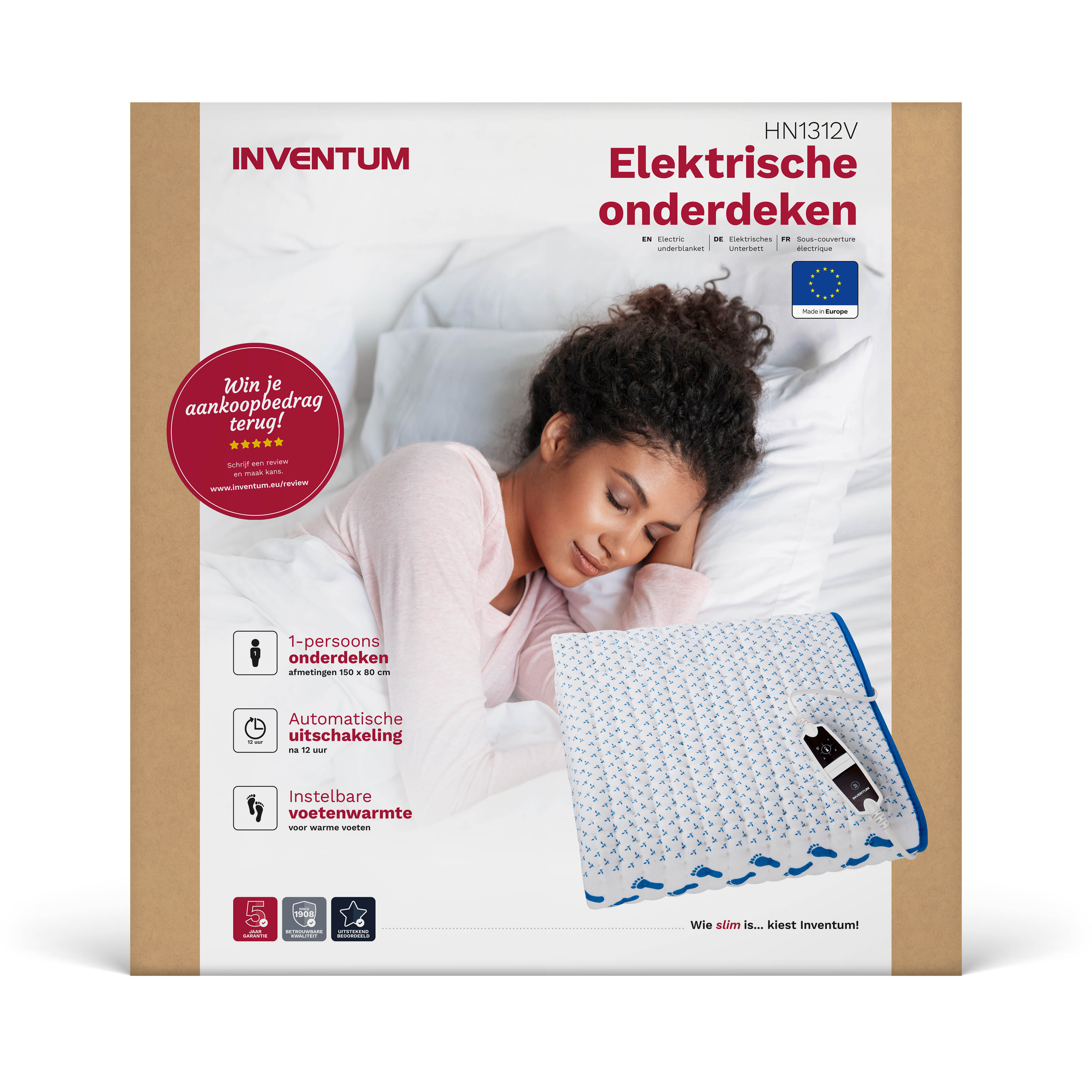 A woman sleeps under a blue patterned electric blanket with a remote control.