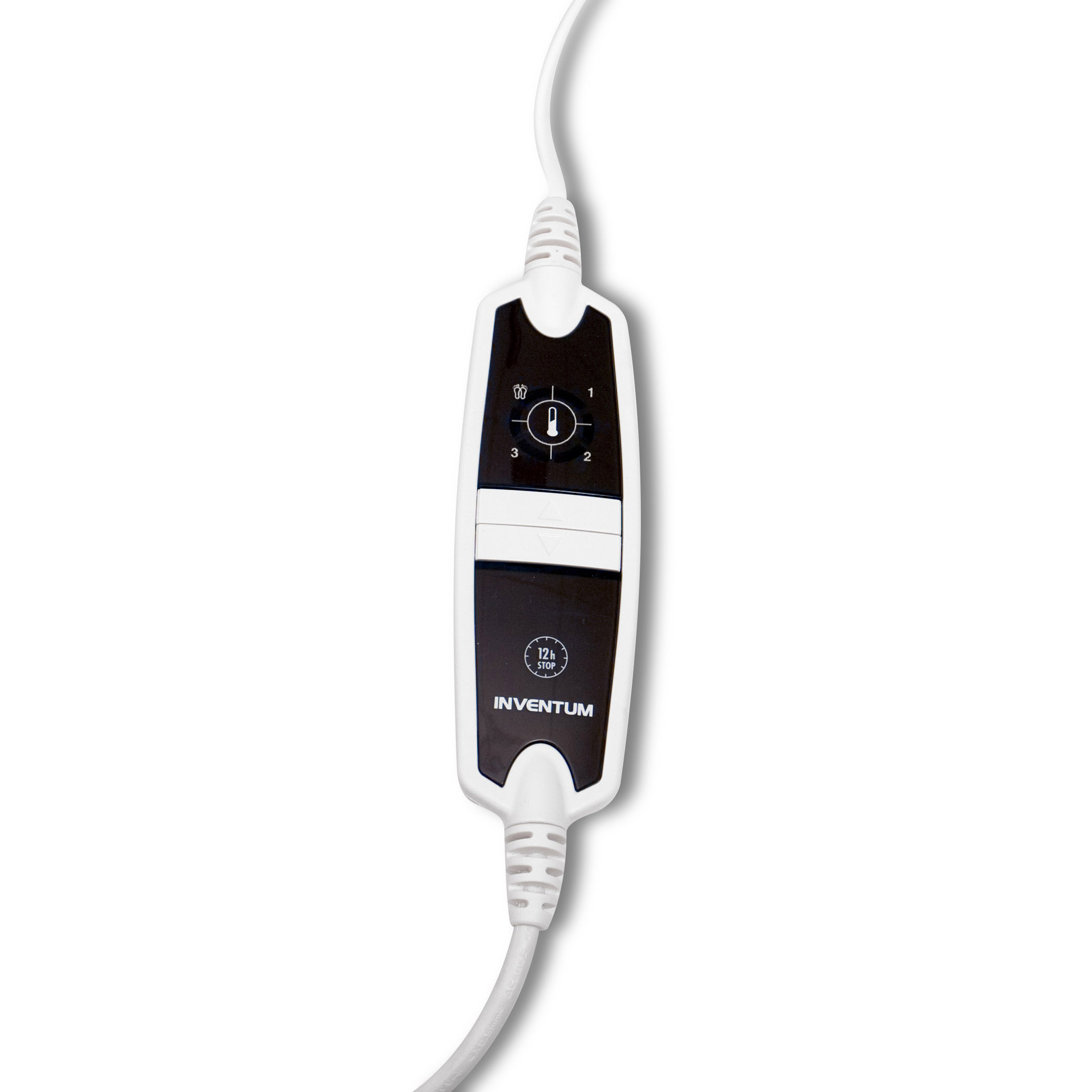 A white cord controller with black controls and the Inventum logo.