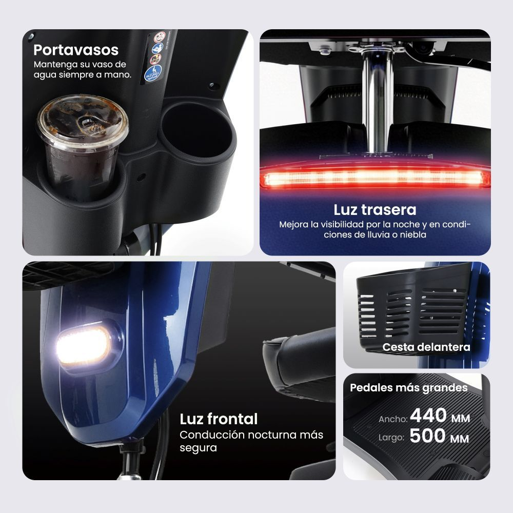 Detalles de scooter: portavasos, luces frontal/trasera, cesta, pedales.