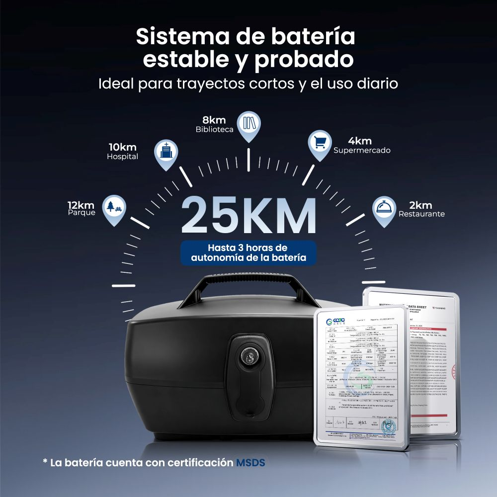 Batería negra con alcance de 25km, 3h de autonomía. Certificación MSDS.