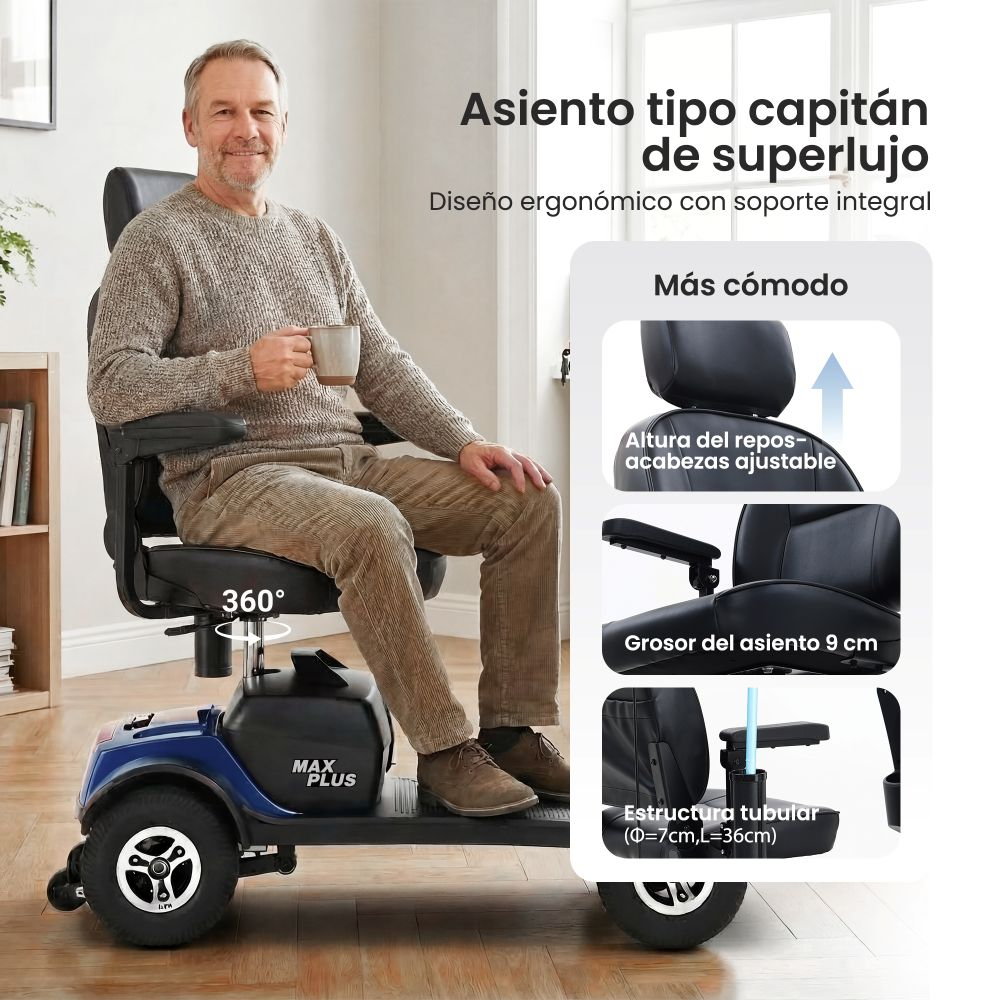 Hombre en scooter azul con asiento y reposacabezas ajustables, sosteniendo taza.
