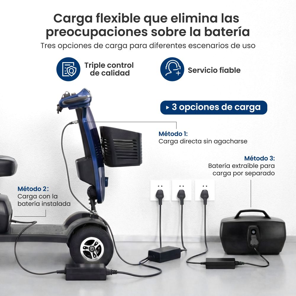 Se muestra un scooter eléctrico azul con tres métodos de carga.