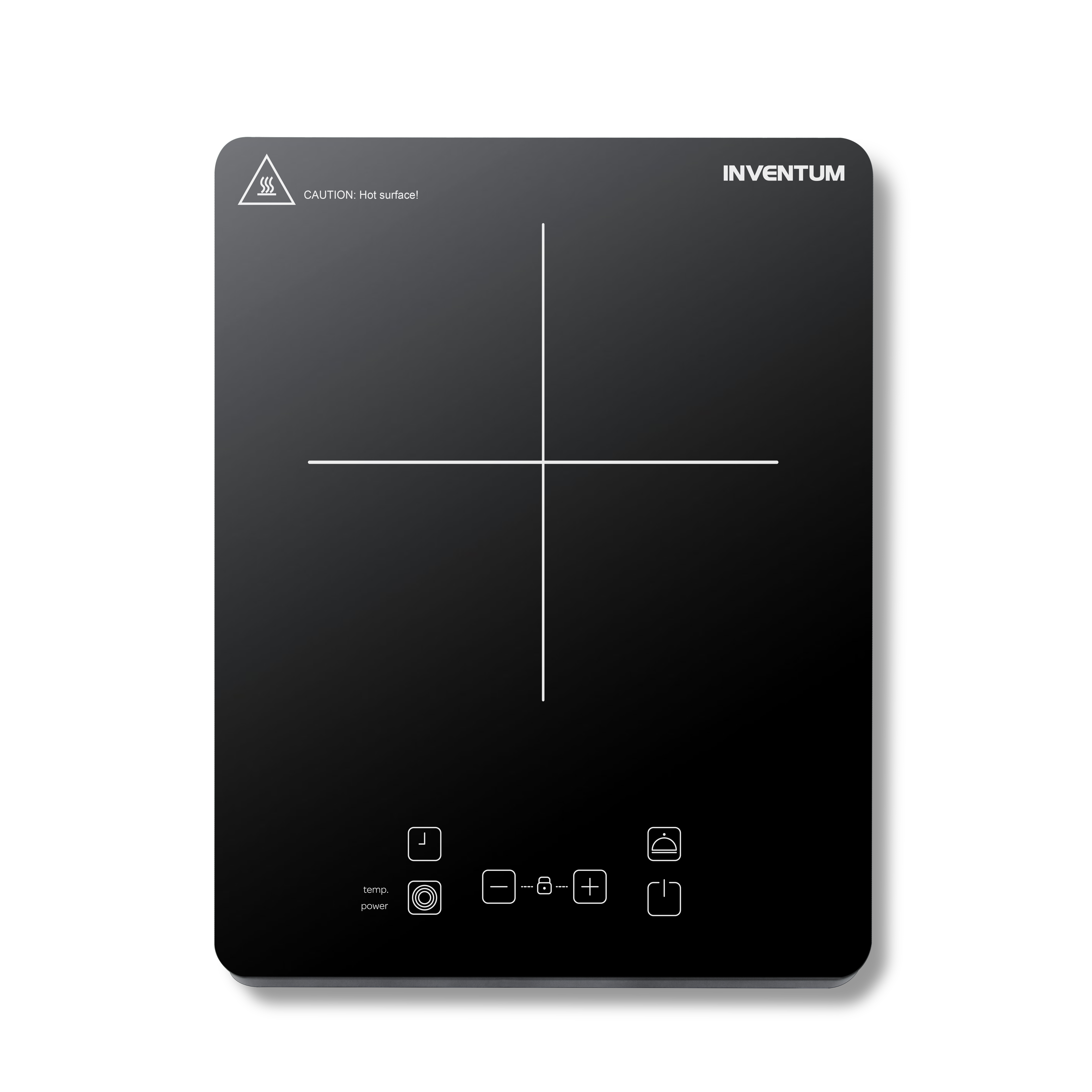 Black induction cooktop with controls and warning symbol.