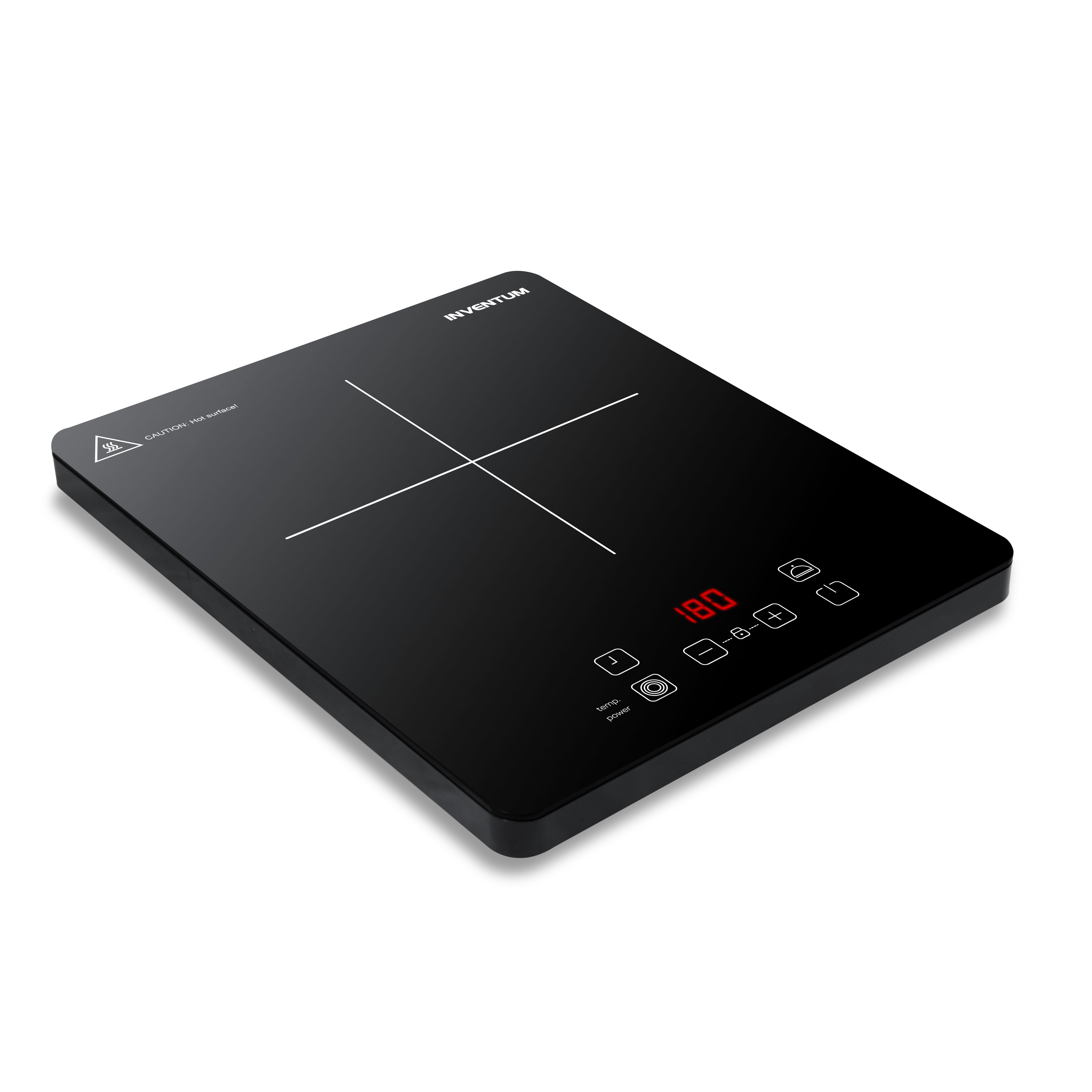 Black induction cooktop with digital display and control buttons.