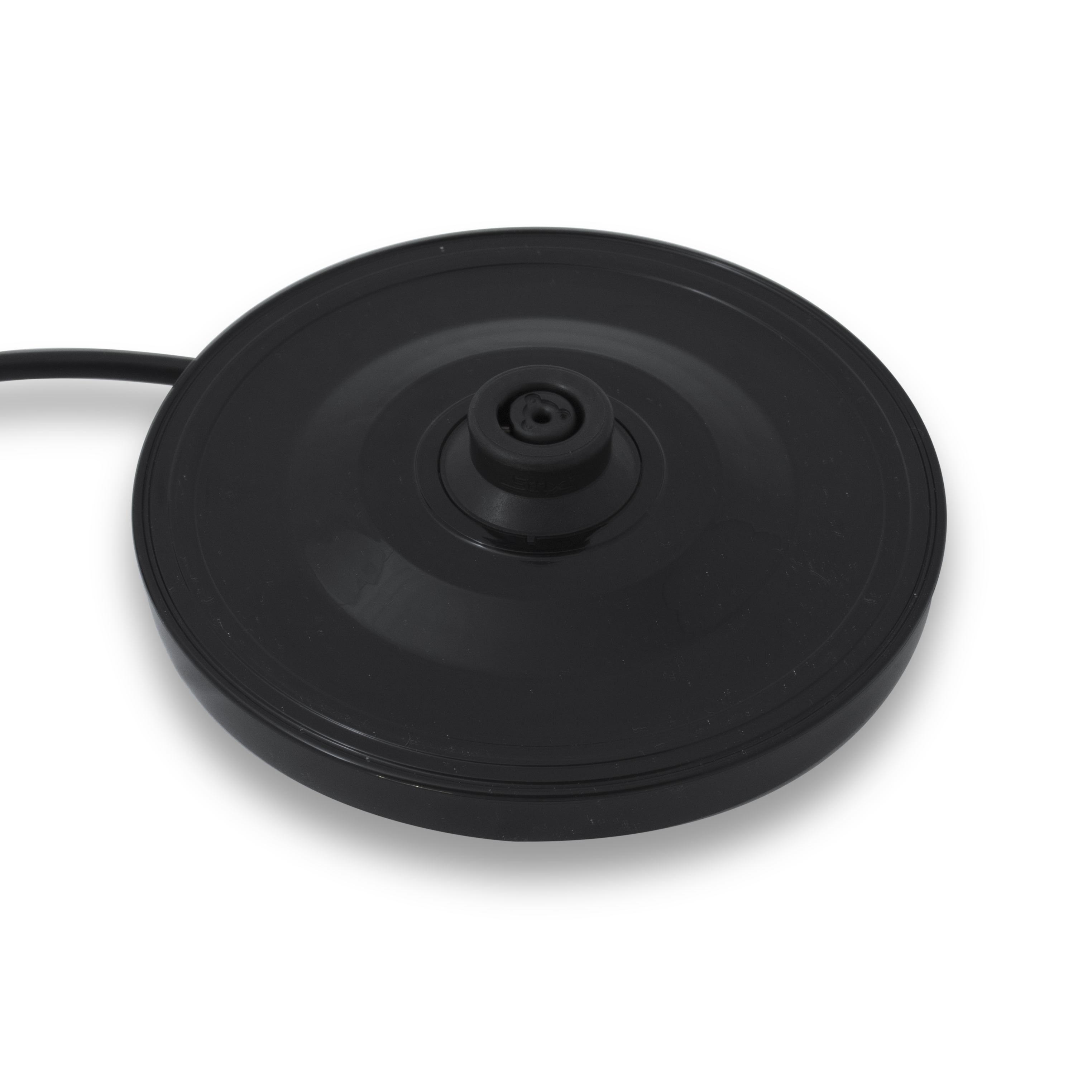 Black electric kettle base with cord and central plug.