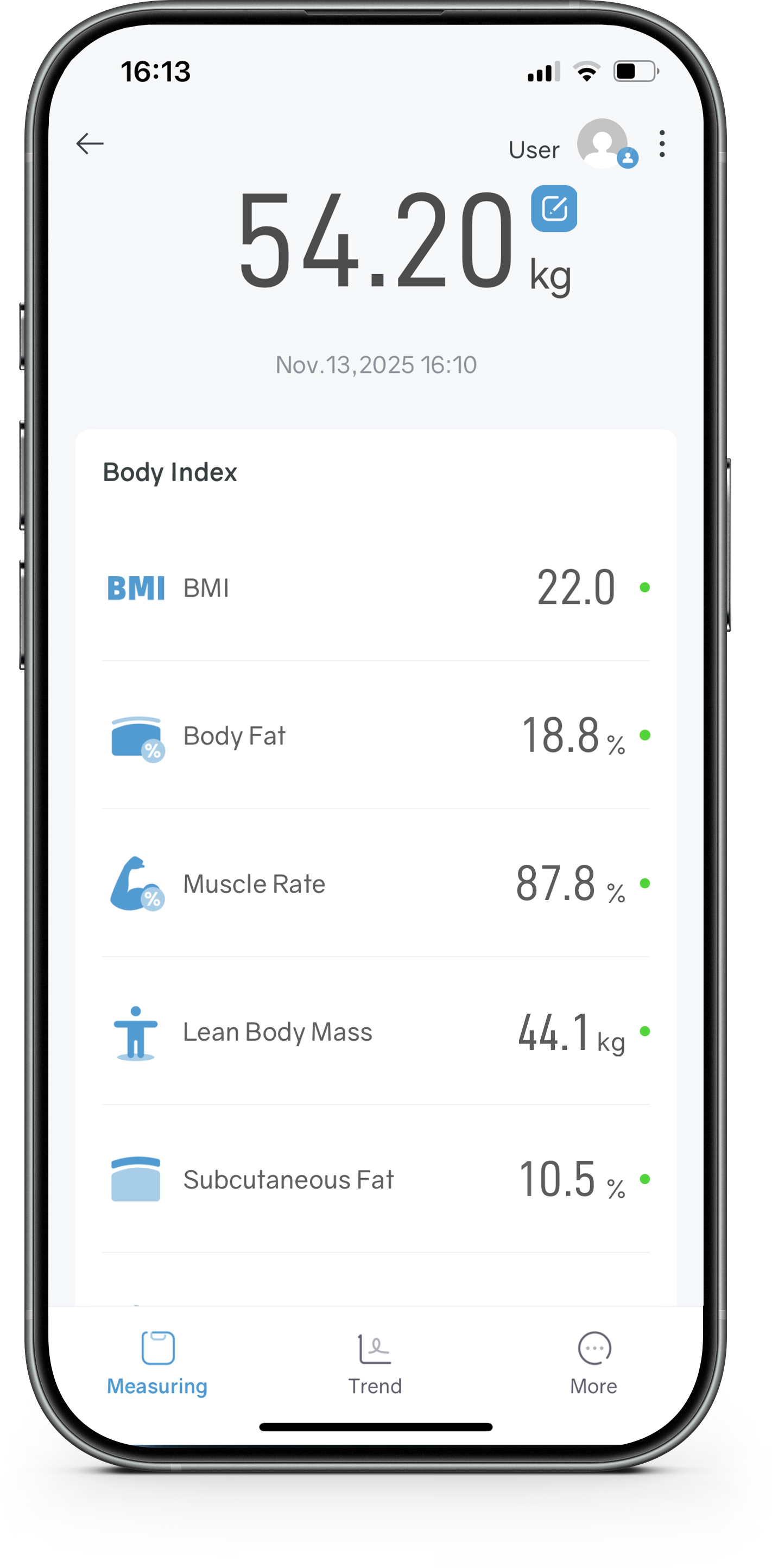 El smartphone muestra datos corporales: Peso 54,2 kg, IMC 22,0, Grasa corporal 18,8%.