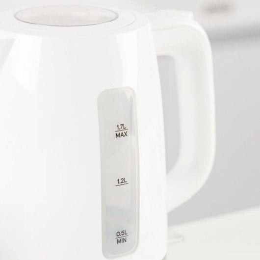 Un bollitore elettrico bianco con indicatore livello acqua: 0,5L MIN, 1,2L e 1,7L MAX.
