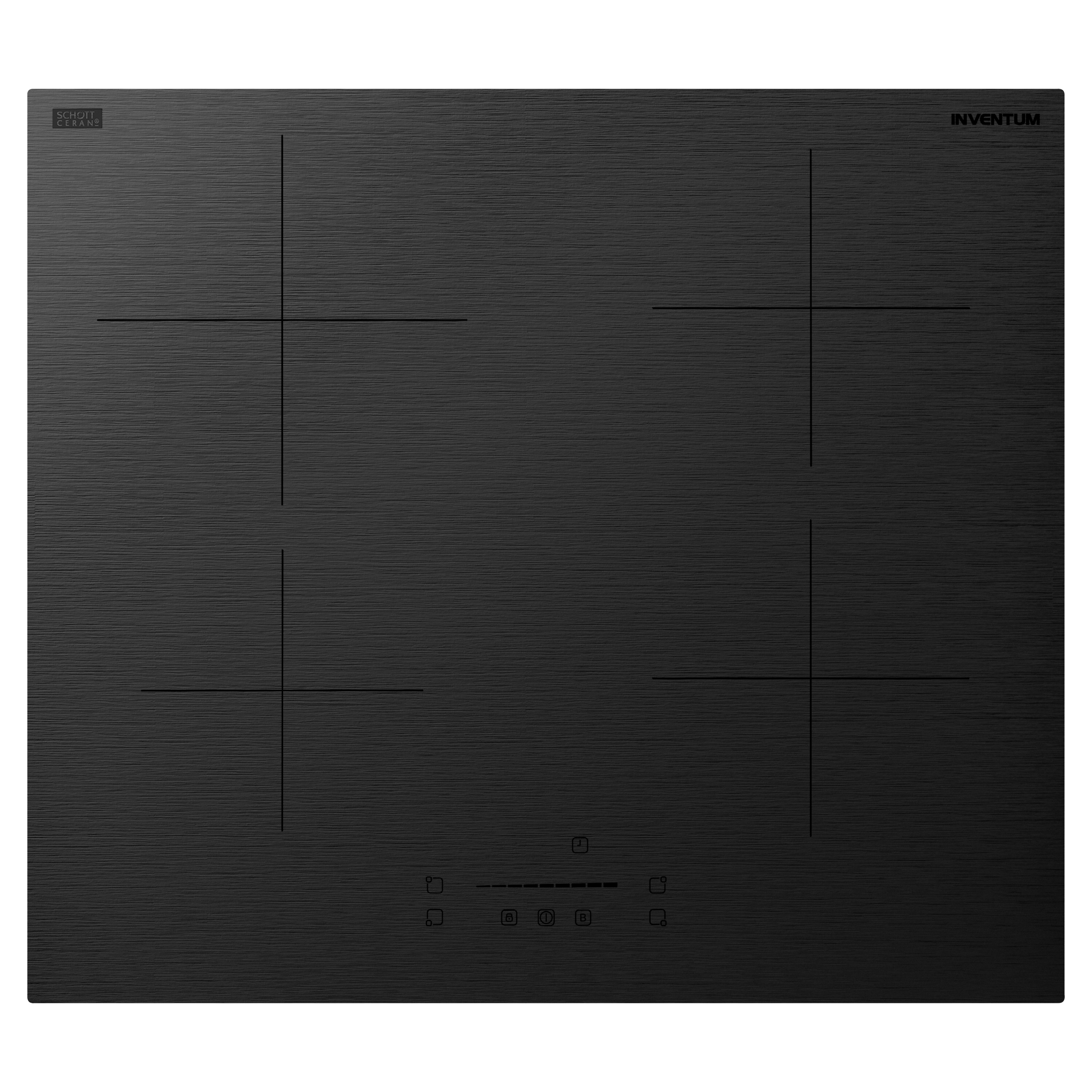 Black induction hob with four cooking zones and touch controls.