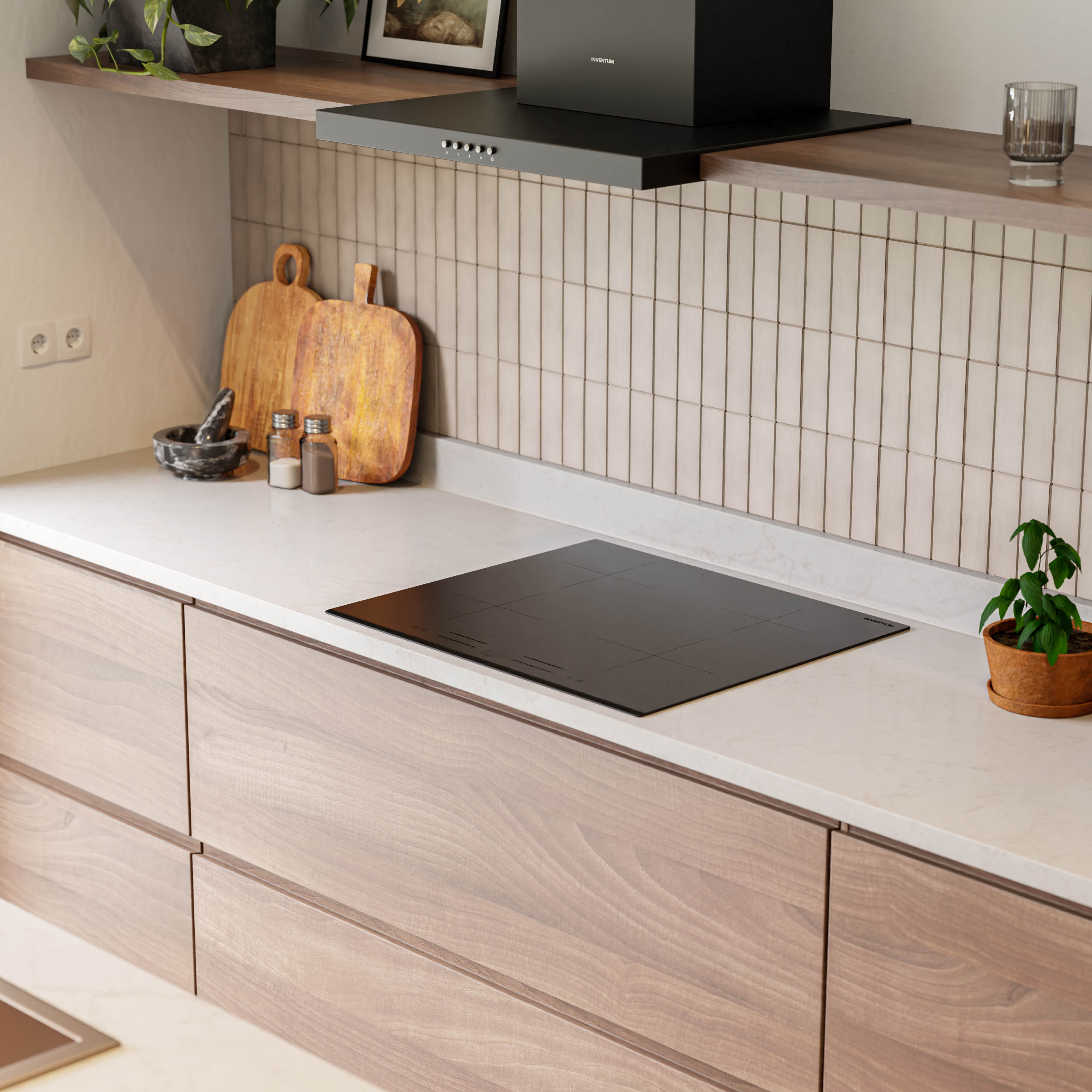 A modern kitchen with an induction hob, wooden cabinets, and tiled backsplash.