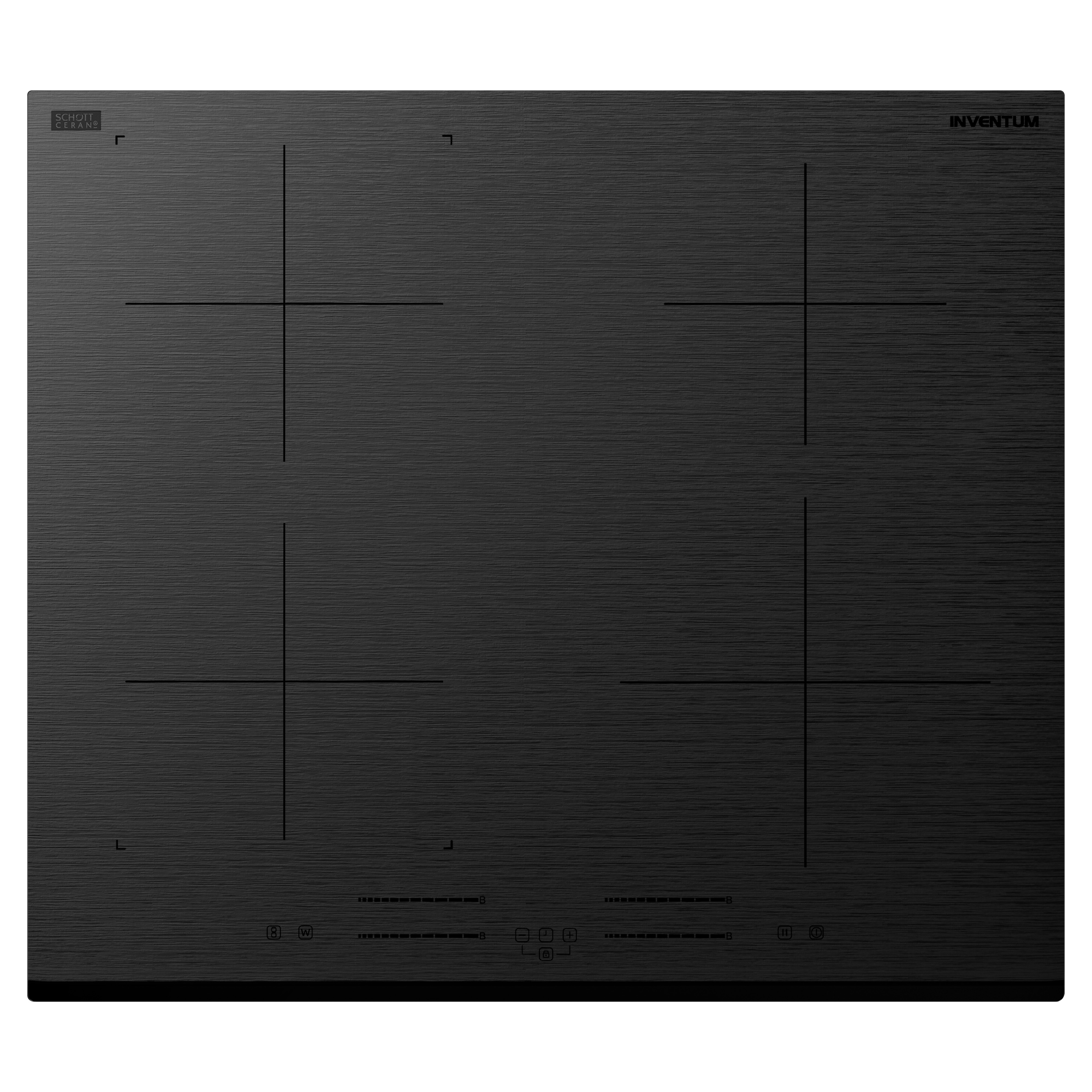 Black ceramic hob with four cooking zones and touch controls.