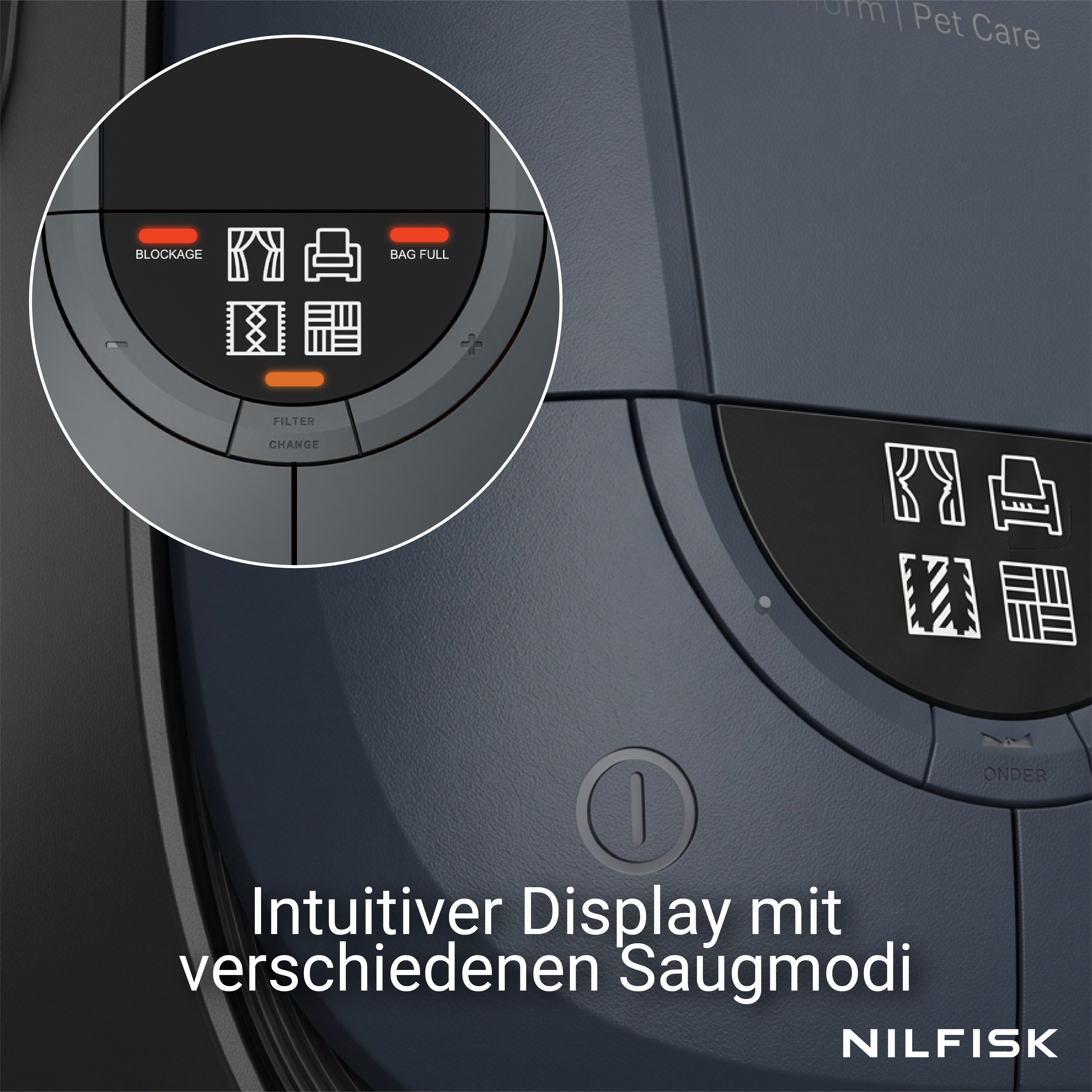 Staubsaugerdisplay mit Symbolen für Blockade, Beutel voll, Filterwechsel.