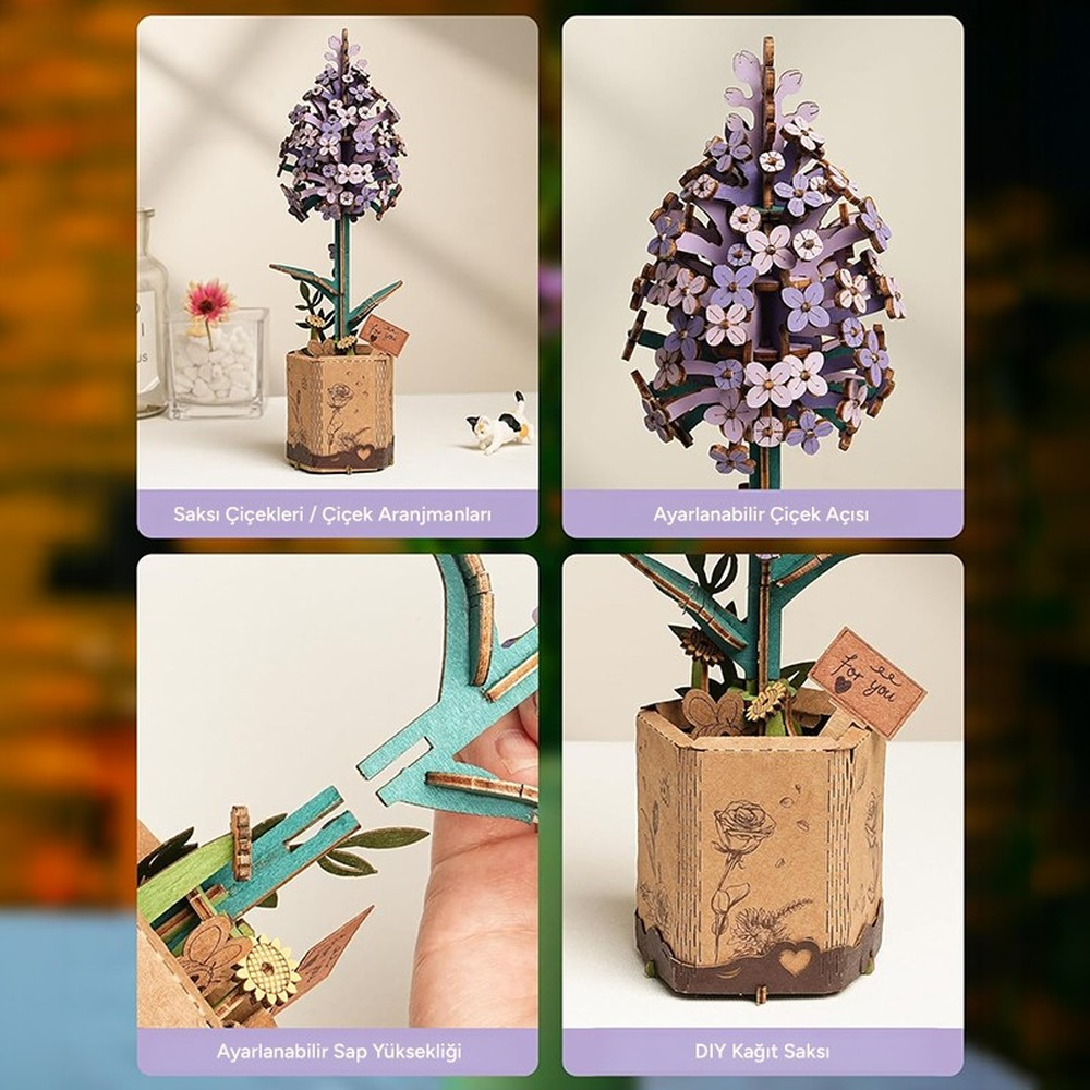 Un kit en bois d'une plante en pot avec des fleurs violettes, montré en cours d'assemblage.