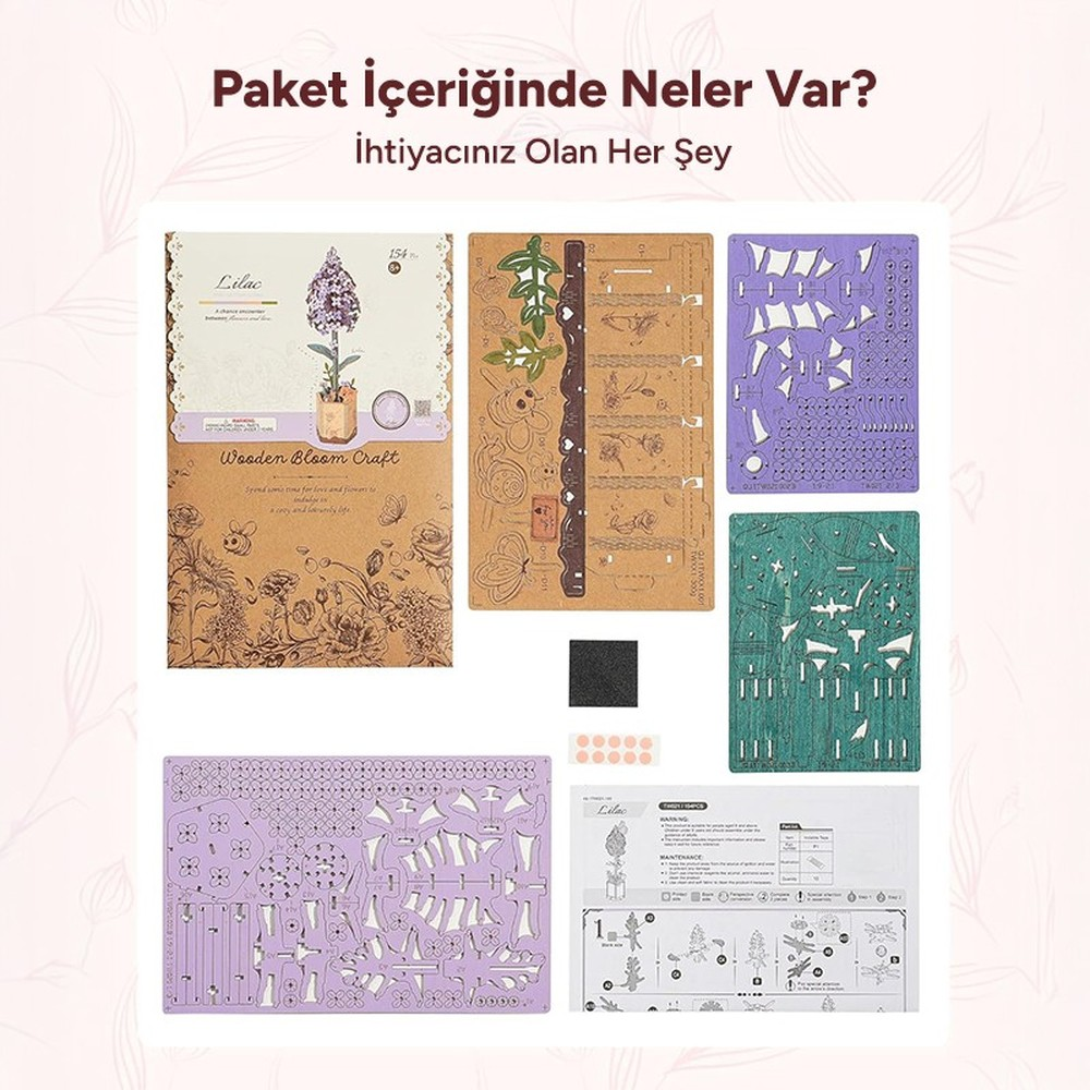 Kit de bricolage en bois sur le thème du lilas, instructions et pièces sur fond marron et violet.