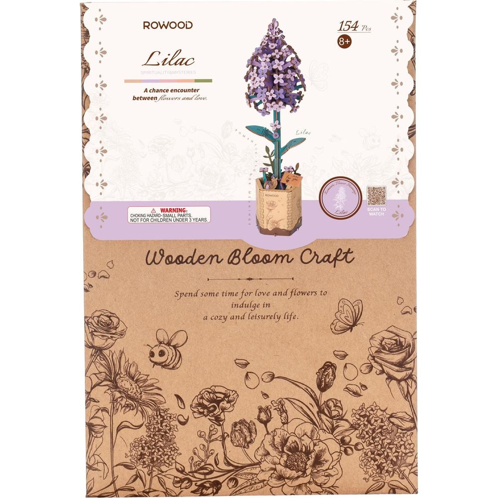 Emballage de kit d'artisanat de fleurs en bois lilas avec étiquette d'avertissement et illustrations.