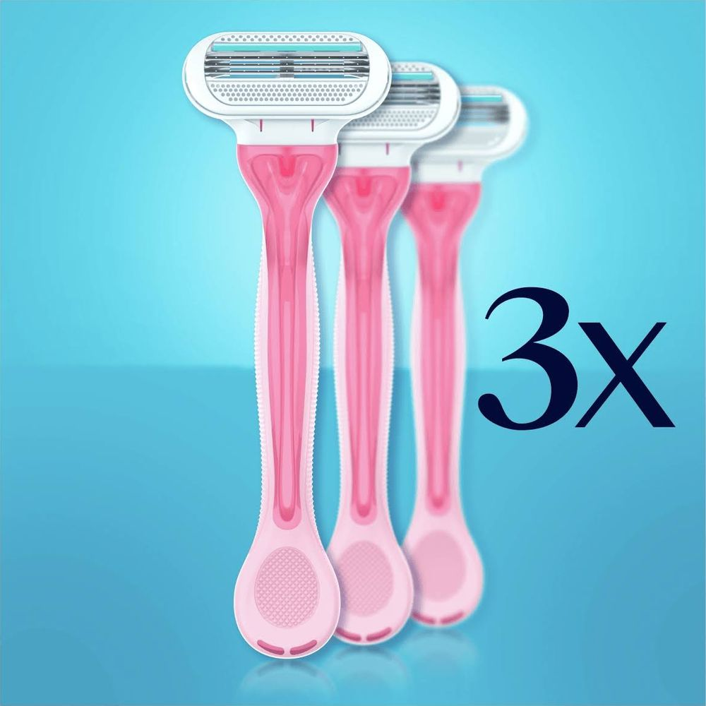 Tre rasoi rosa con testine bianche su sfondo blu con testo nero 3x.
