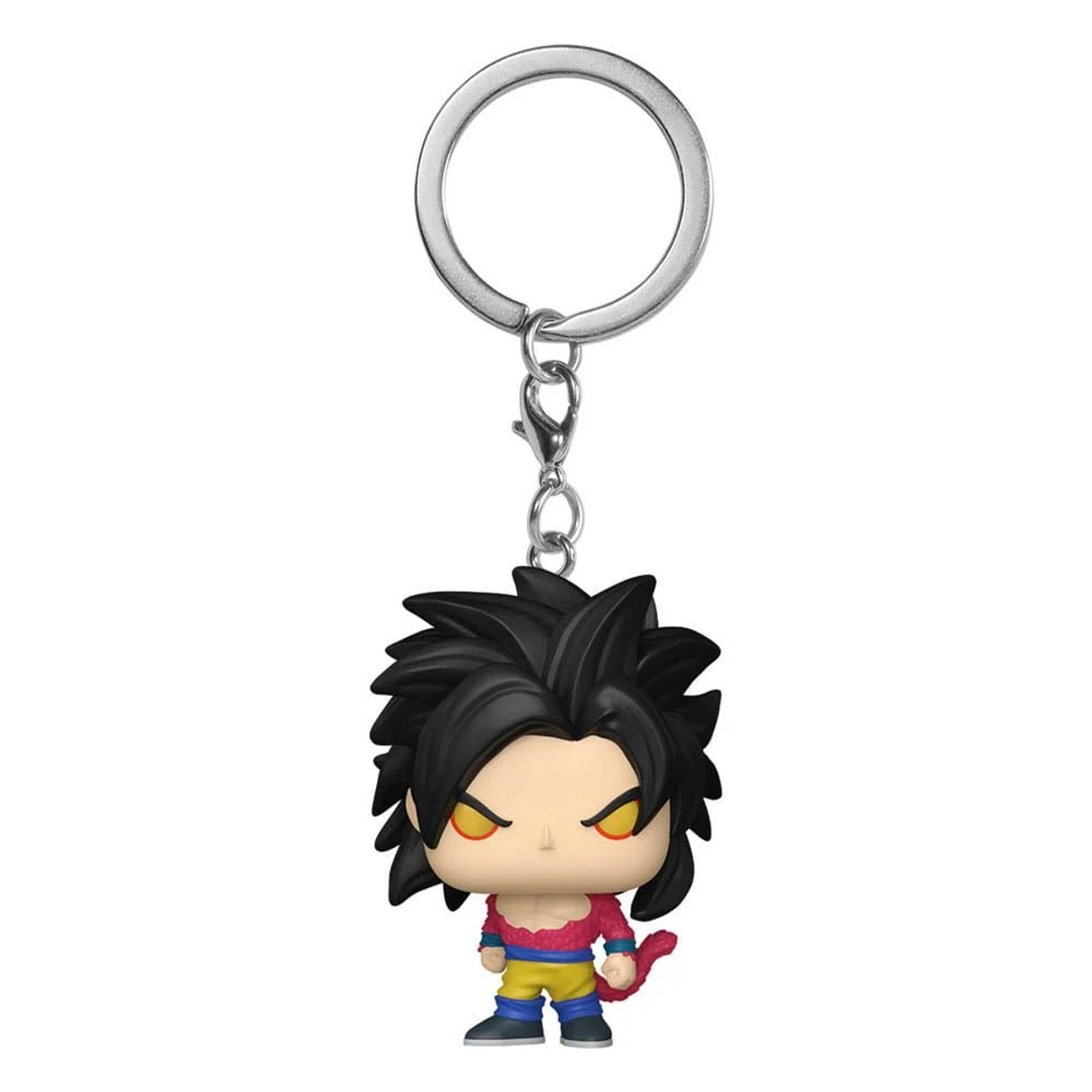 Llavero Funko Pop negro de SSJ4 Goku con chaleco rojo y pantalones amarillos.