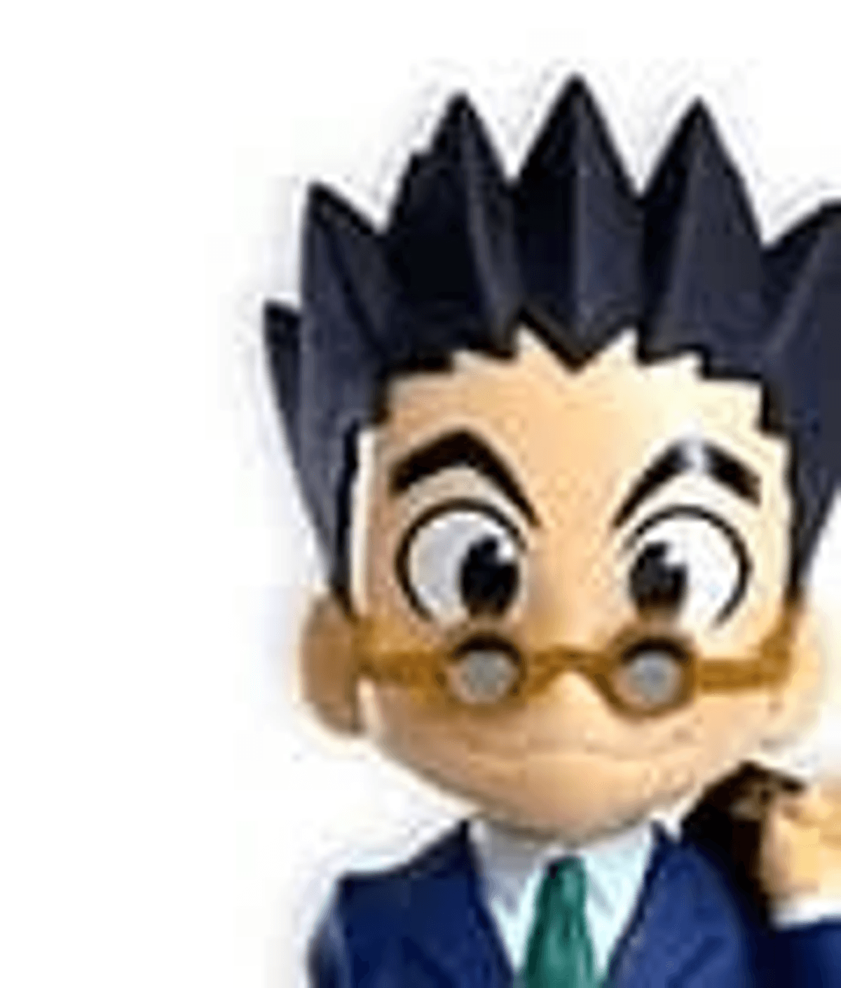 Una figura de dibujos animados con traje azul, corbata verde y gafas redondas.