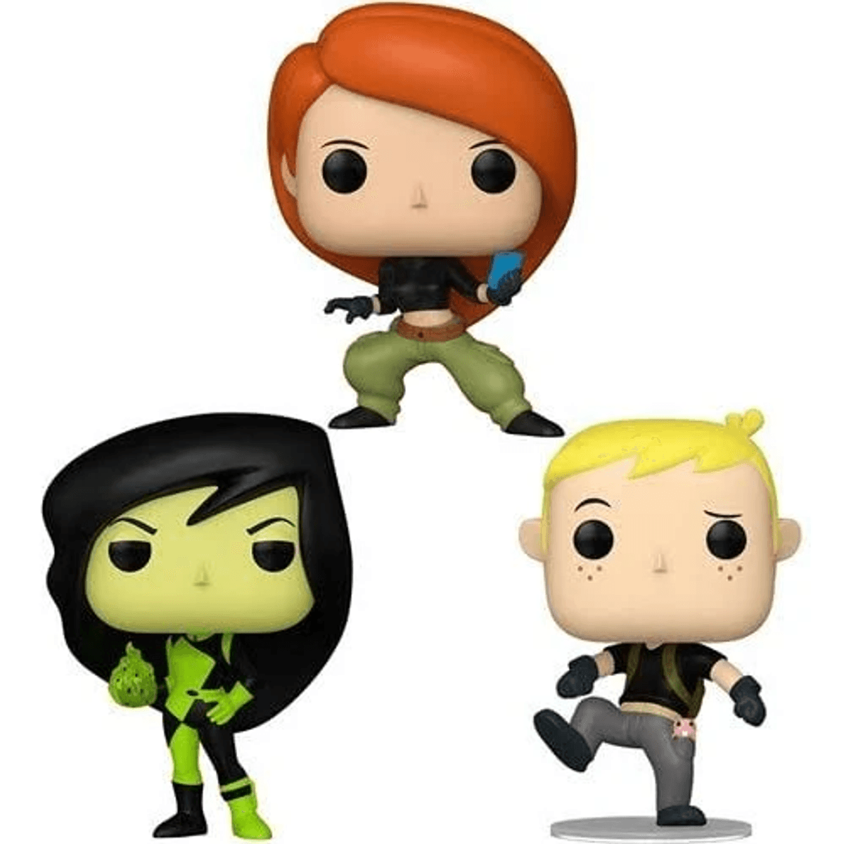 Tres figuras Funko Pop! de Kim Possible: Kim, Shego y Wade sobre fondo blanco.