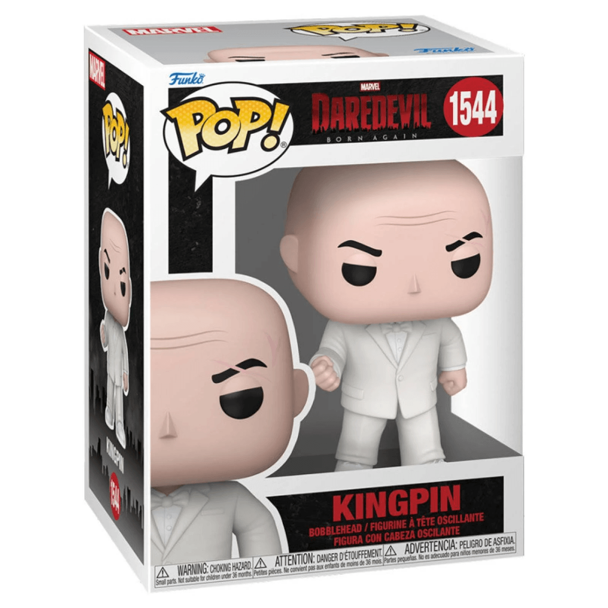 Figura Funko Pop de Kingpin con traje blanco, mostrada en su empaque.