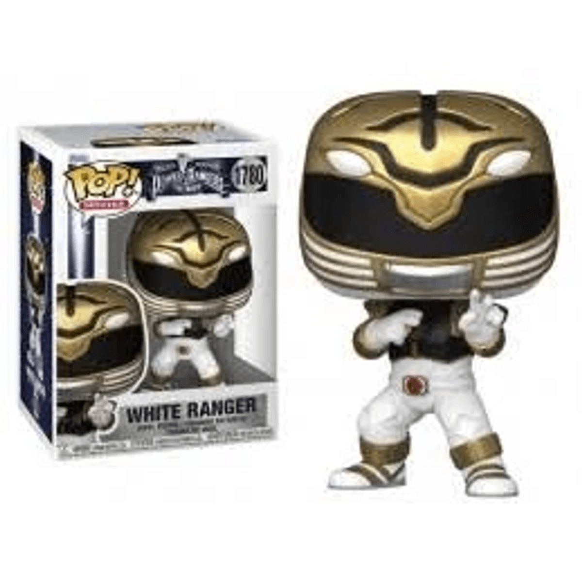 Figura Funko Pop! del Ranger Blanco con casco dorado y traje blanco junto a su caja.