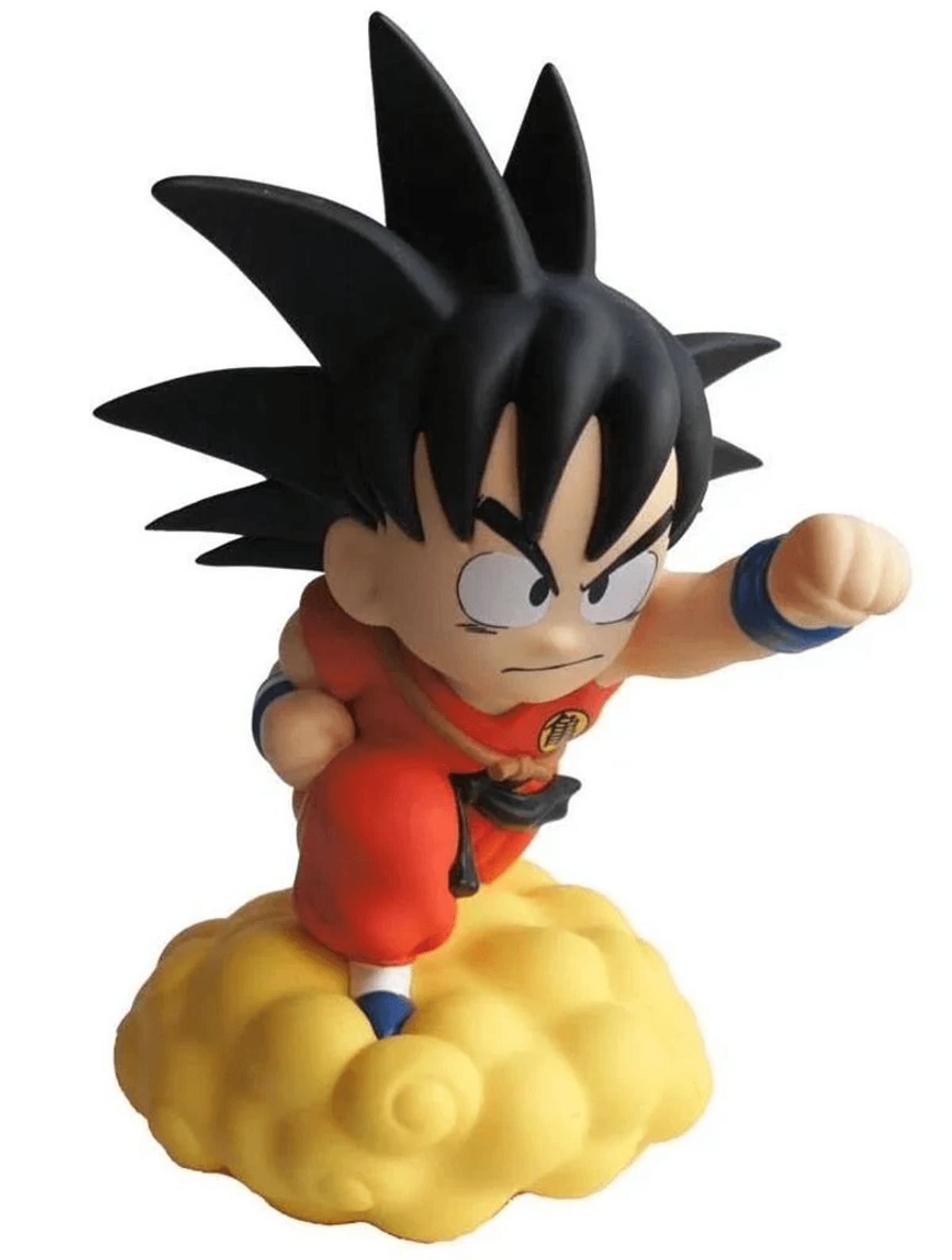 Una figura estilo anime de Goku de pie sobre una nube amarilla, levantando el puño.
