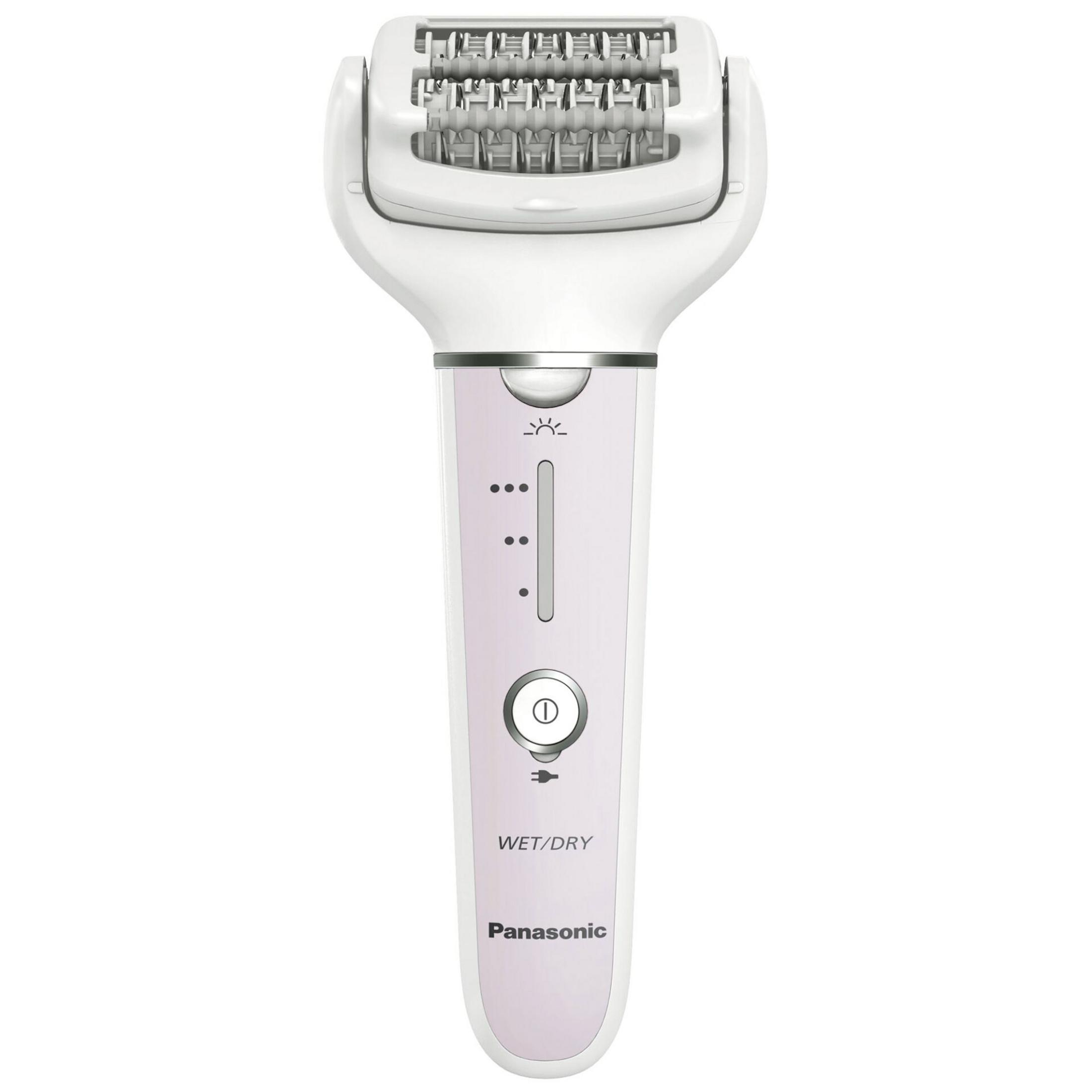 Un epilatore Panasonic bianco con accenti argentati e indicatore di carica.