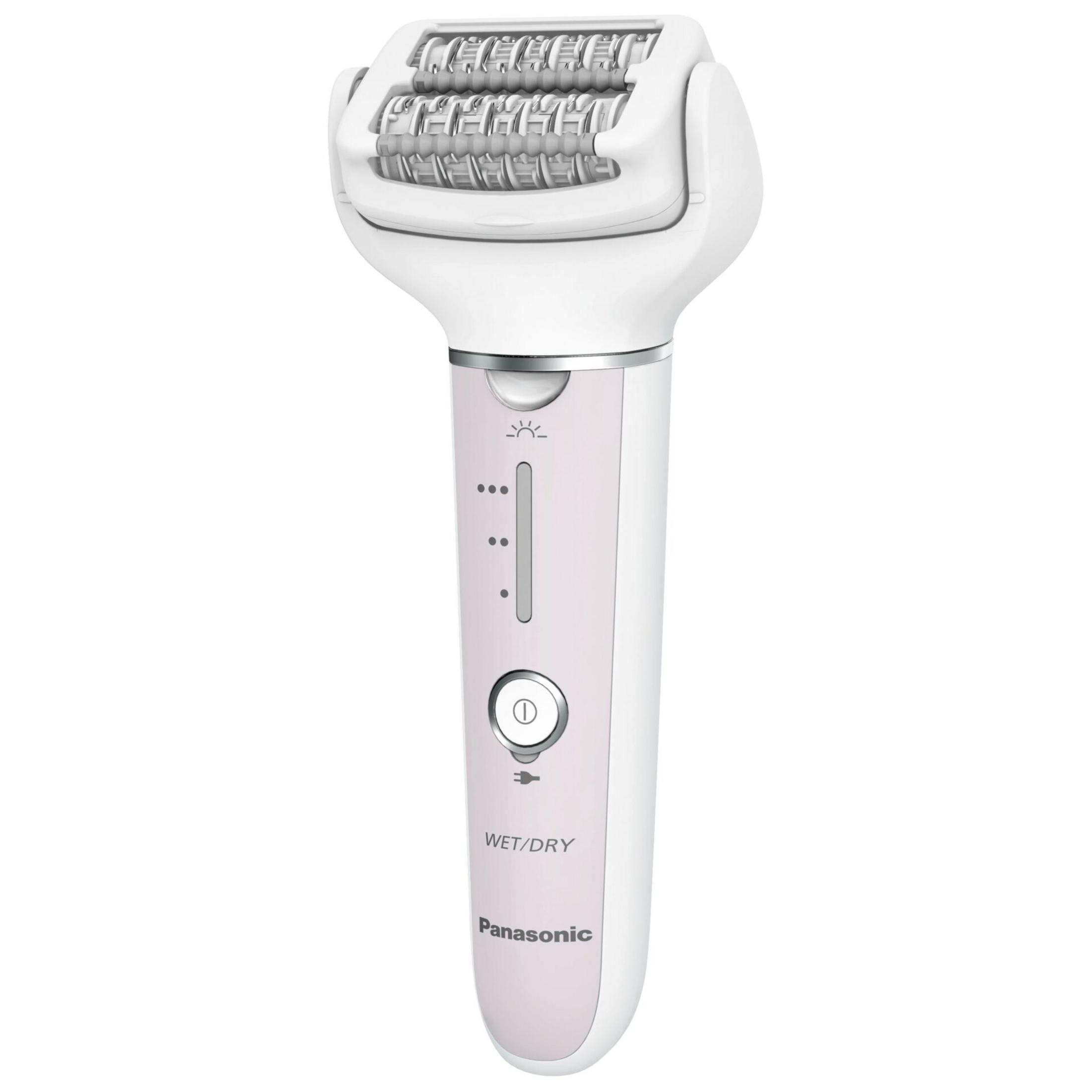 Un epilatore Panasonic bianco con accenti argentati, funzione WET/DRY.
