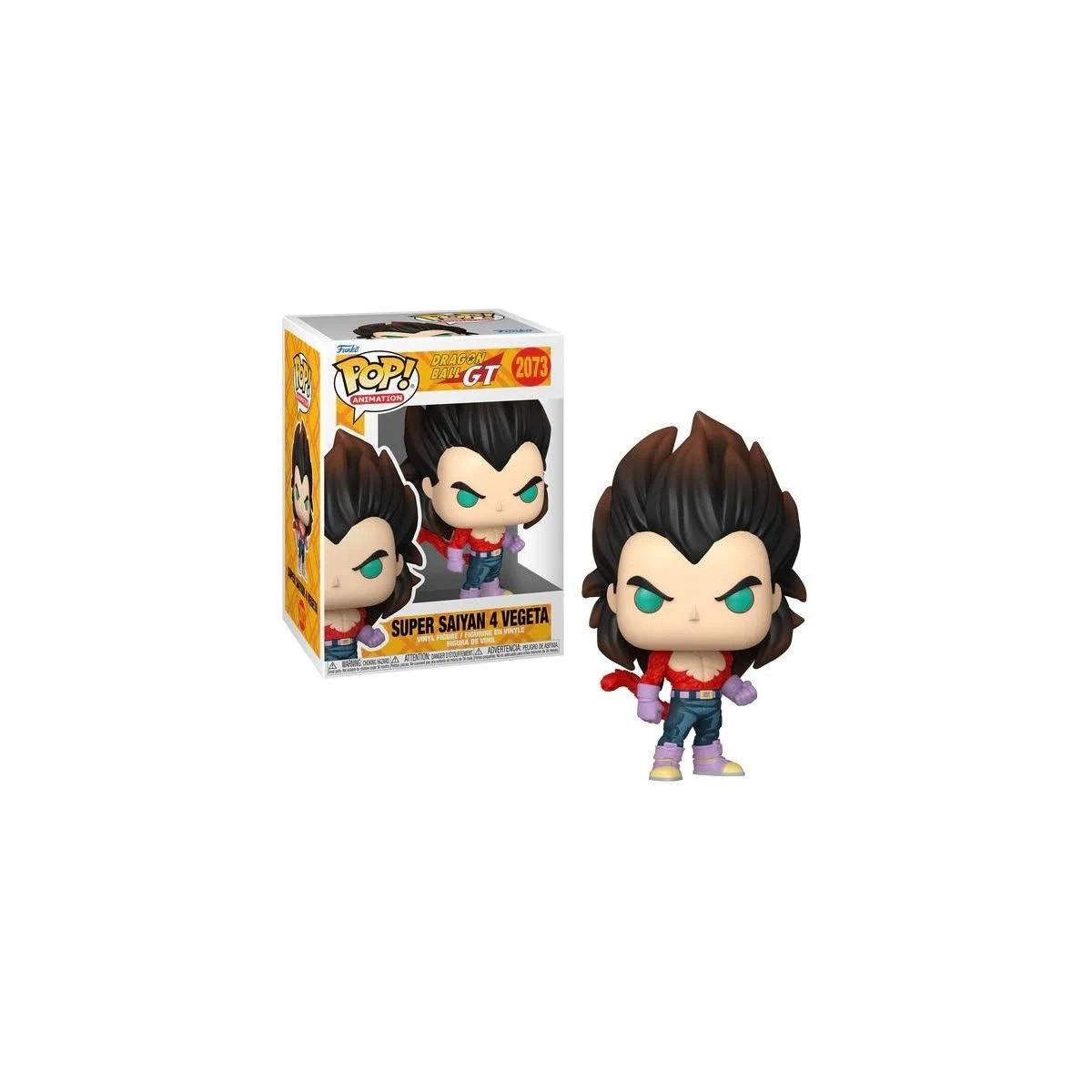 Una figura Funko Pop! de Super Saiyan 4 Vegeta está junto a su caja.