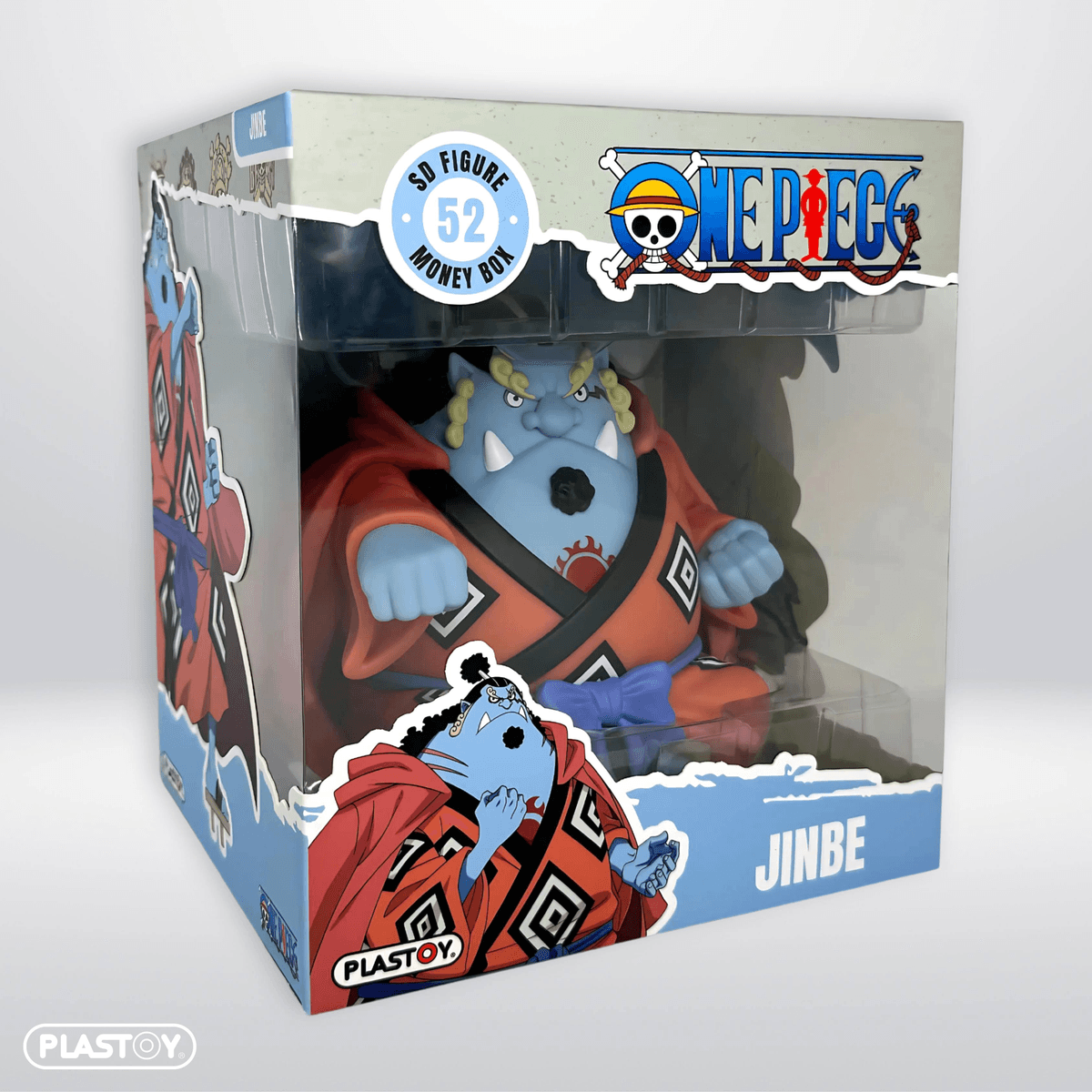 Una figura azul con túnica roja dentro de una caja con logo de One Piece.
