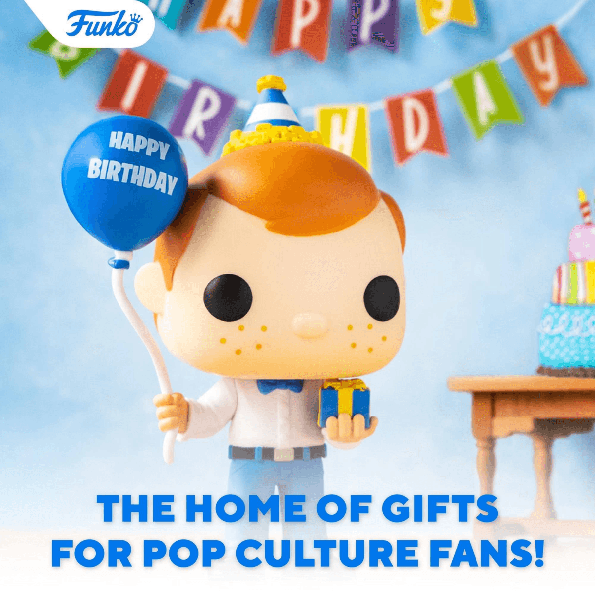 Figura Funko Pop con cappello da festa tiene palloncino blu con 