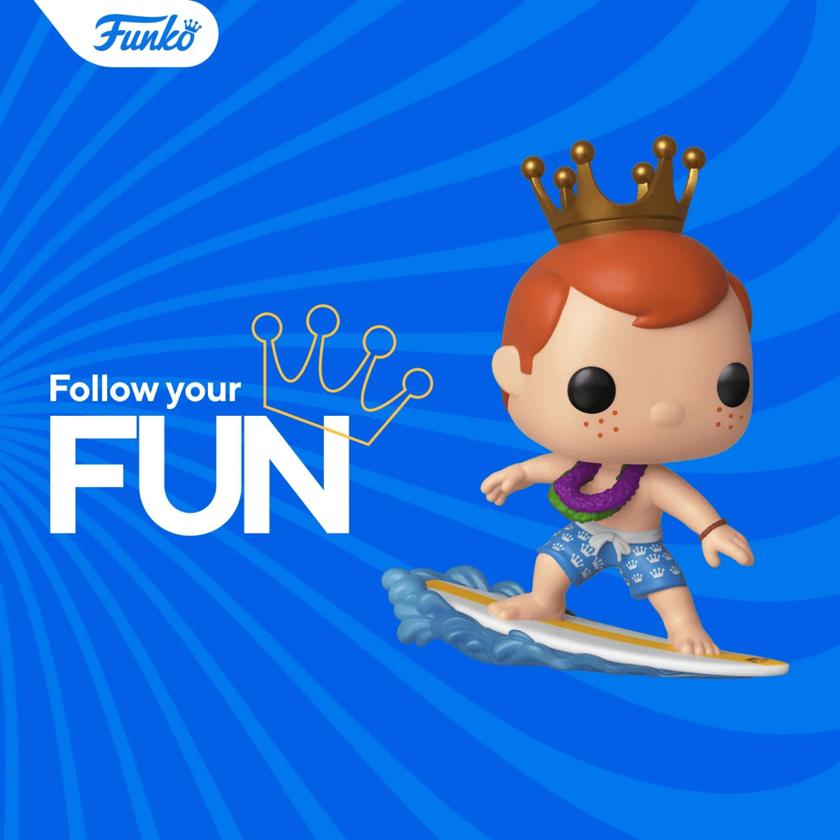 Funko pop di un ragazzo che surfa, con corona e lei, su sfondo blu.
