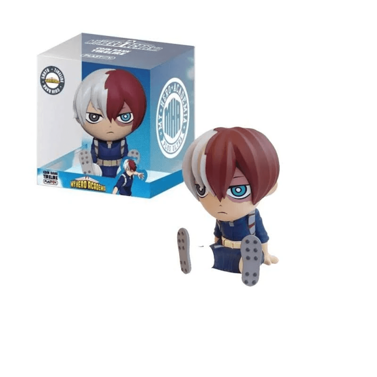 Una figura de Shoto Todoroki se sienta frente a su empaque de My Hero Academia.