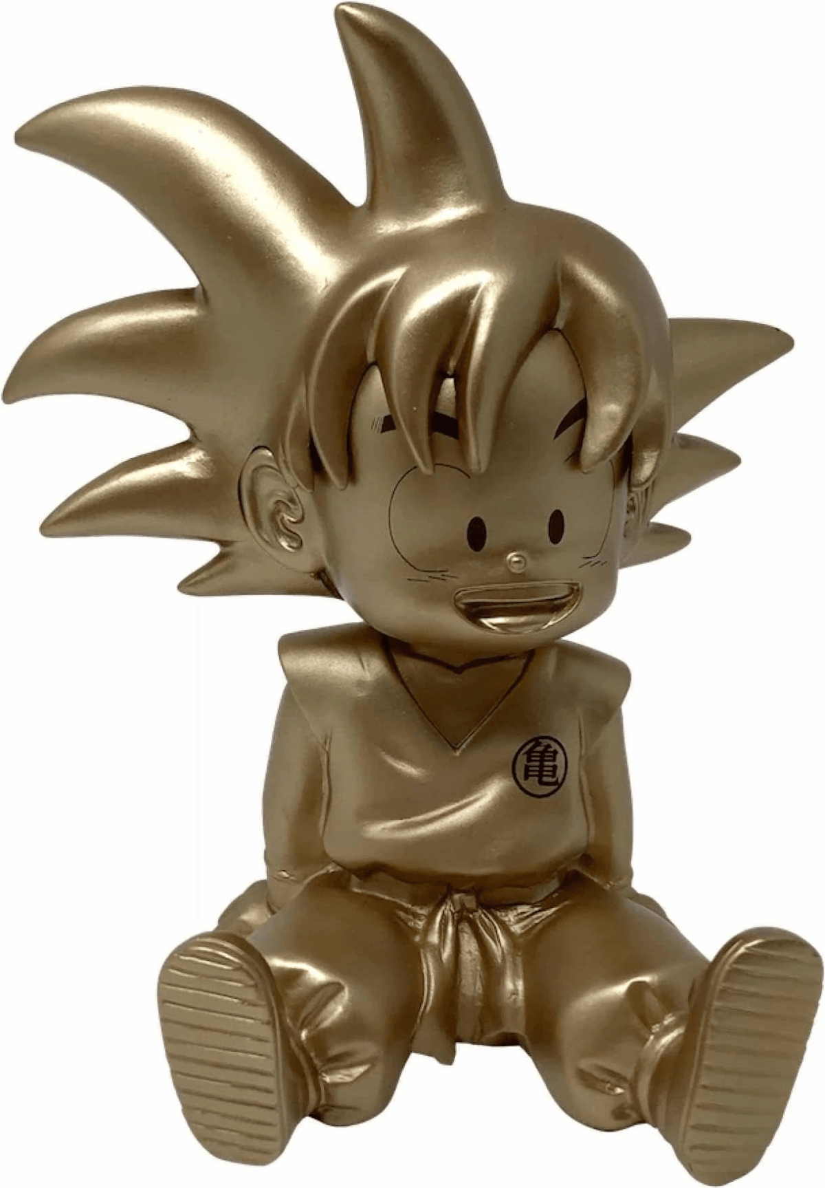 Una figura dorada del niño Goku sentado de frente en el suelo.