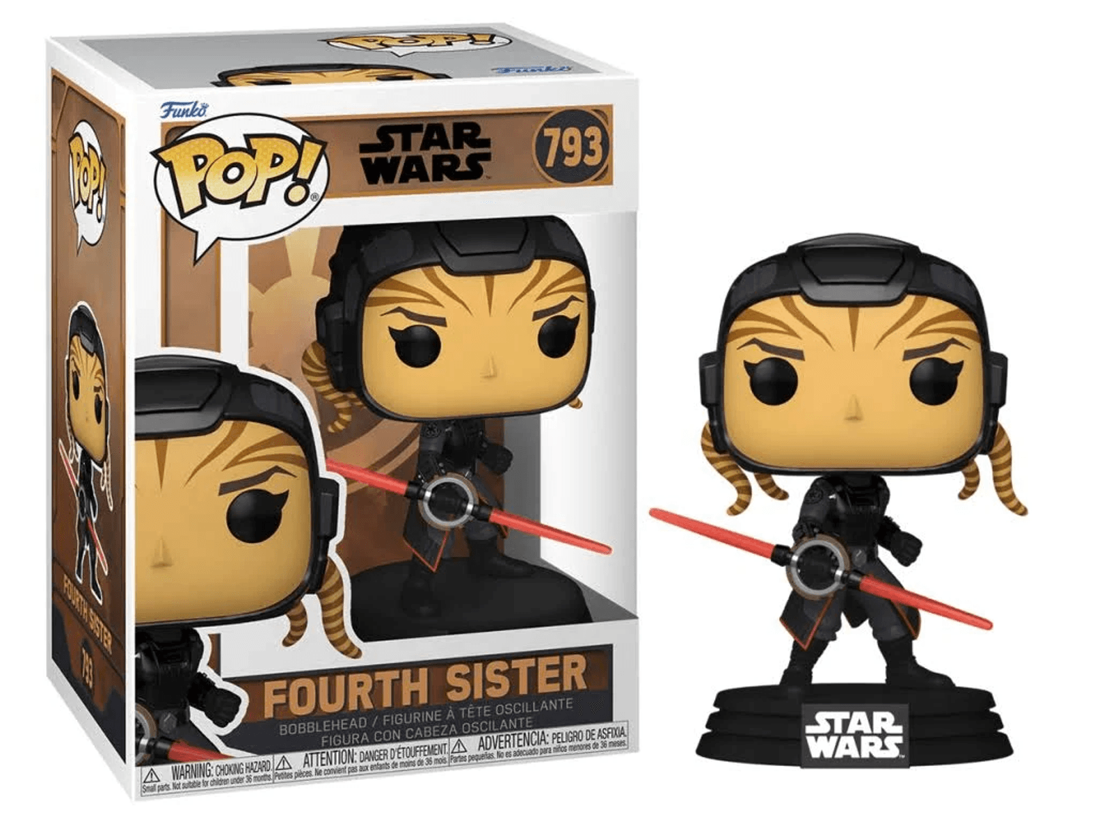 Figura Funko Pop! Star Wars Cuarta Hermana con sable de luz rojo.
