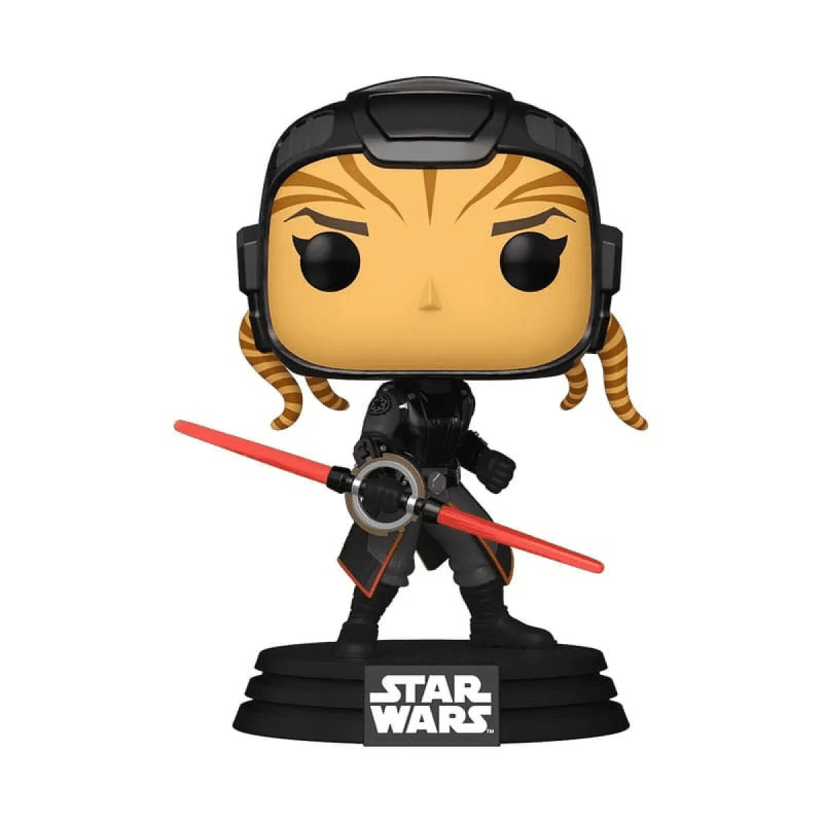Una figura Funko Pop de Star Wars de un personaje femenino con colas en la cabeza y sable de luz.