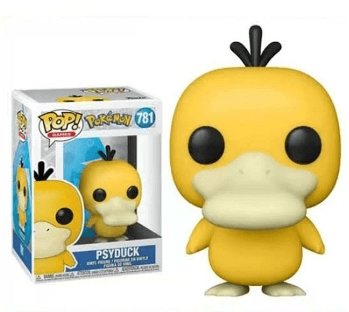 Ein gelber Psyduck Funko Pop Vinyl-Figur neben seiner Verpackung.