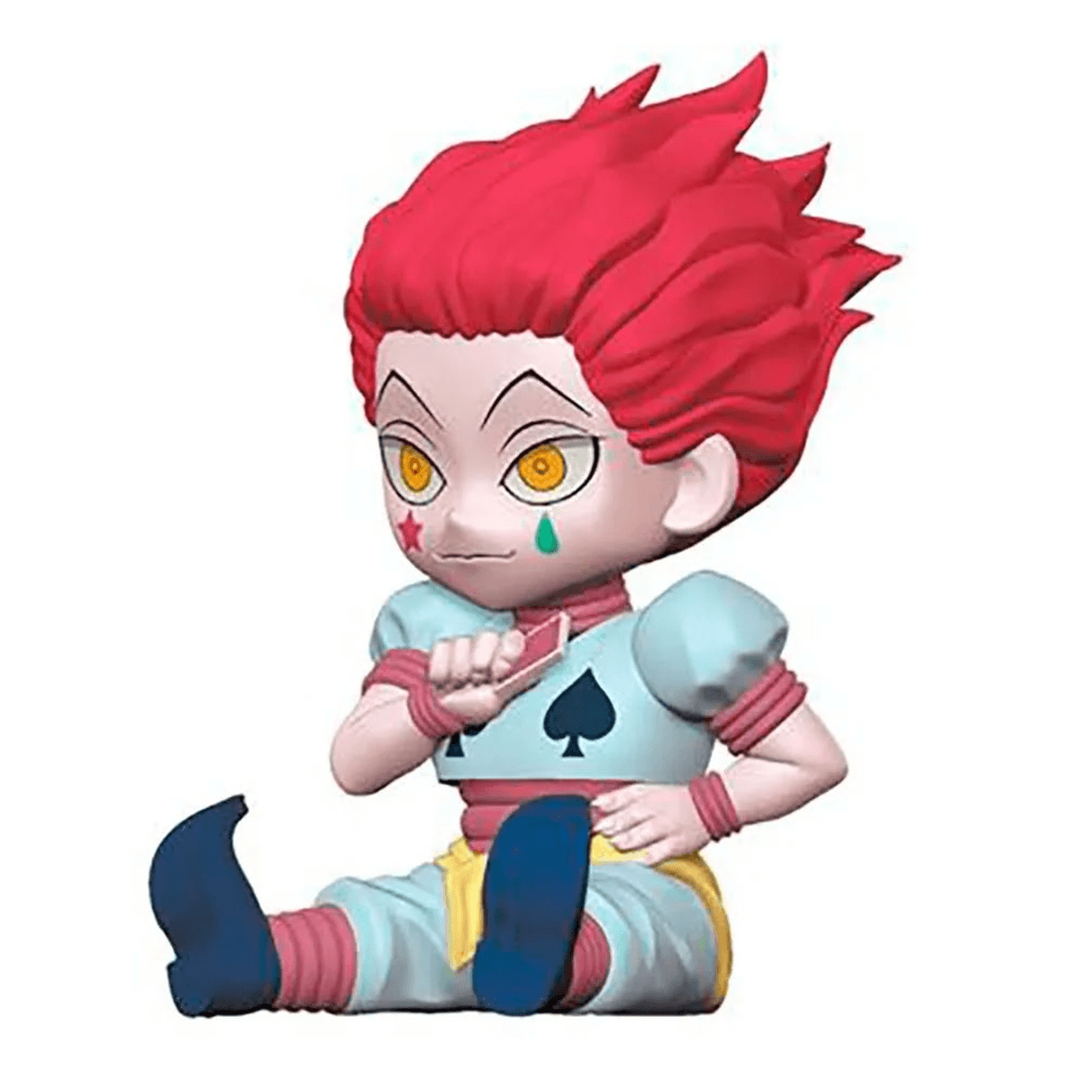 Una figura de pelo rojo, ojos amarillos y lágrima sentada.