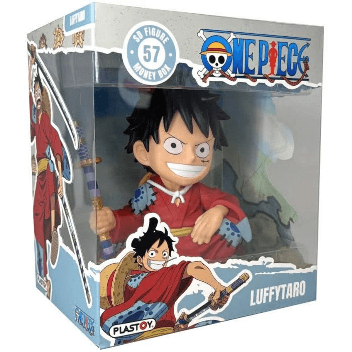 Una hucha de figura de Luffy de One Piece en su caja, con arte.