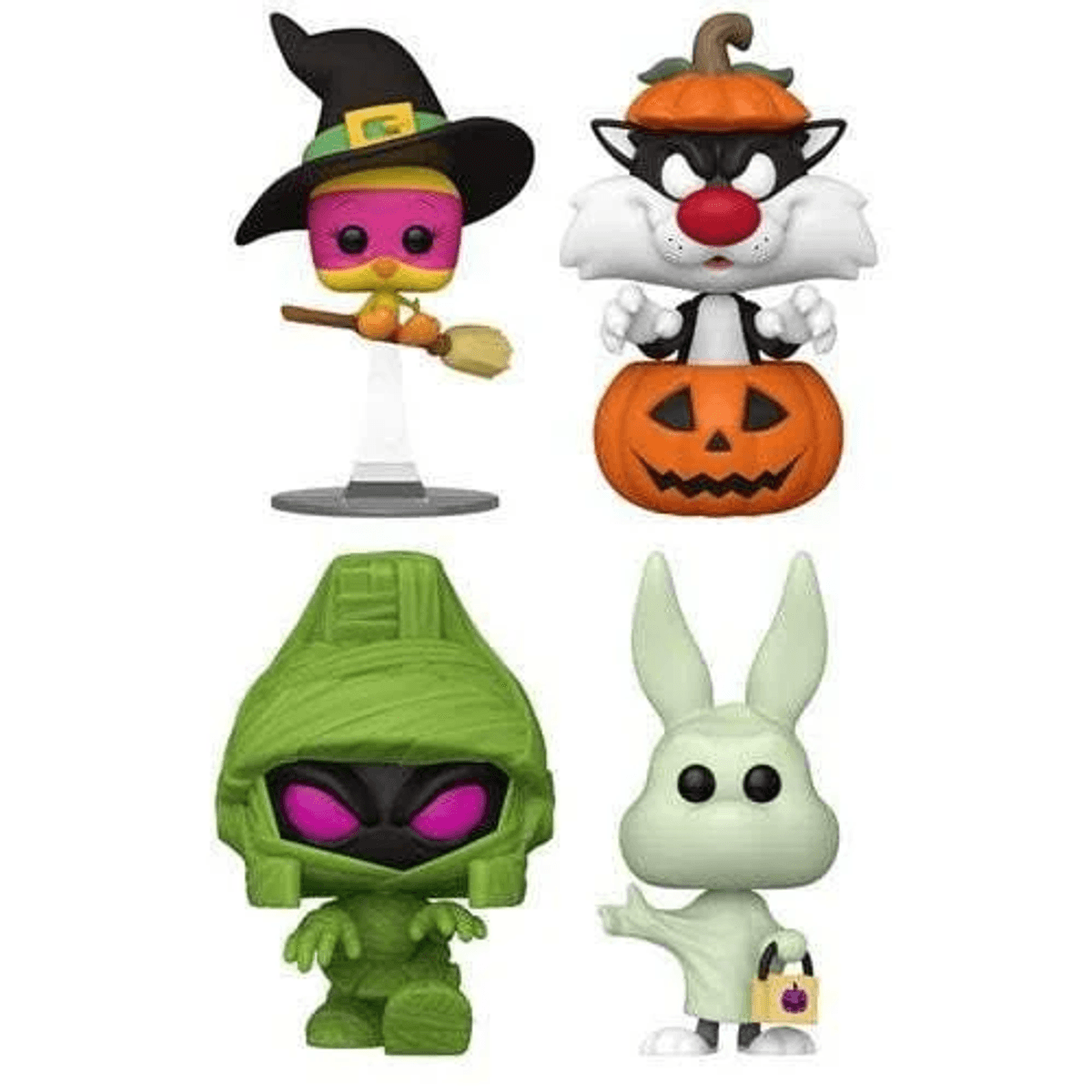 Quattro Funko Pop a tema Halloween: uccello strega, gatto zucca, mummia e coniglio fantasma.